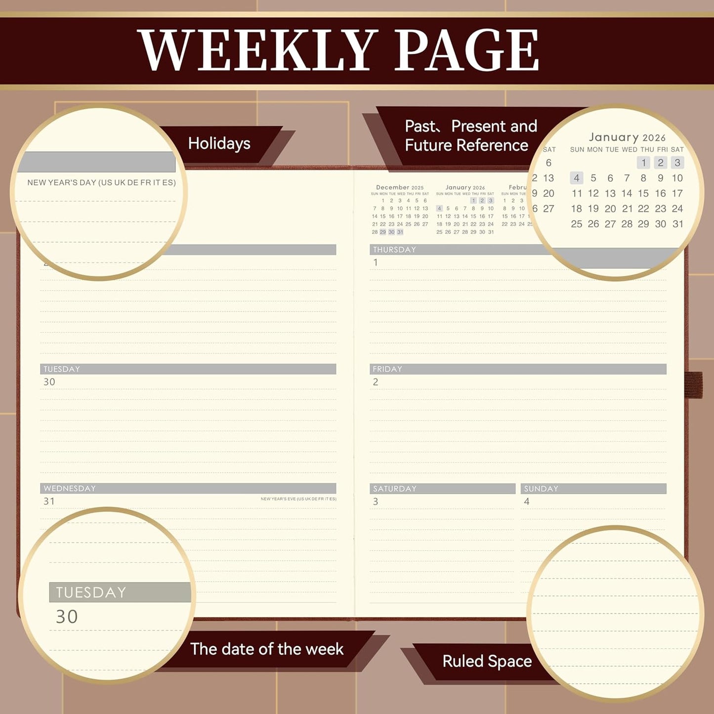 Vondafe 2026 Planner - Weekly and Monthly Planner 2026, Jan.2026 - Dec.2026, 9" x 11", 2026 Calendar Planner with Inner Pocket + Elastic Closure + Pen Loop + Bookmarks, Leather Hardcover - Brown