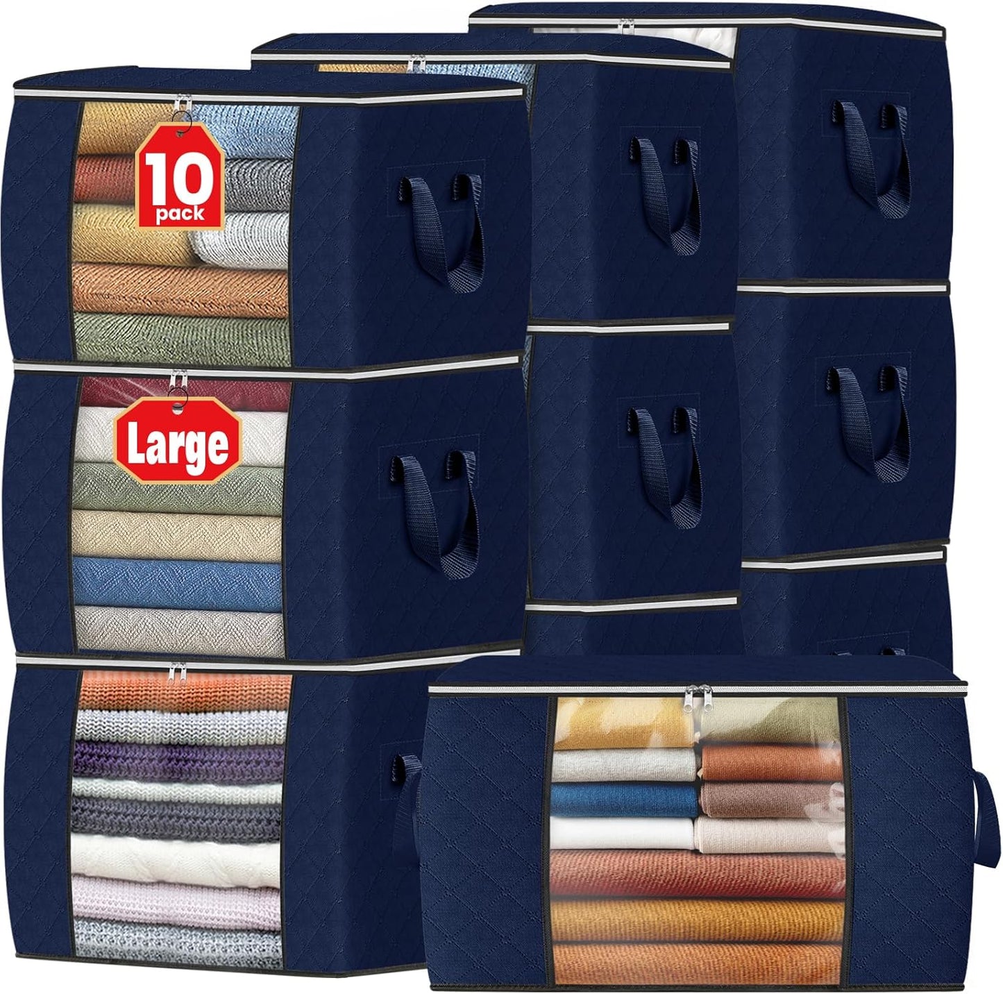 Fab totes 24 Gallons Clothes Storage,Foldable Thick Fabric Blanket Storage Bags, Containers for Organizing Bedroom, Closet, Clothing, Comforter, Organization with Handle (10 Pack,Blue)