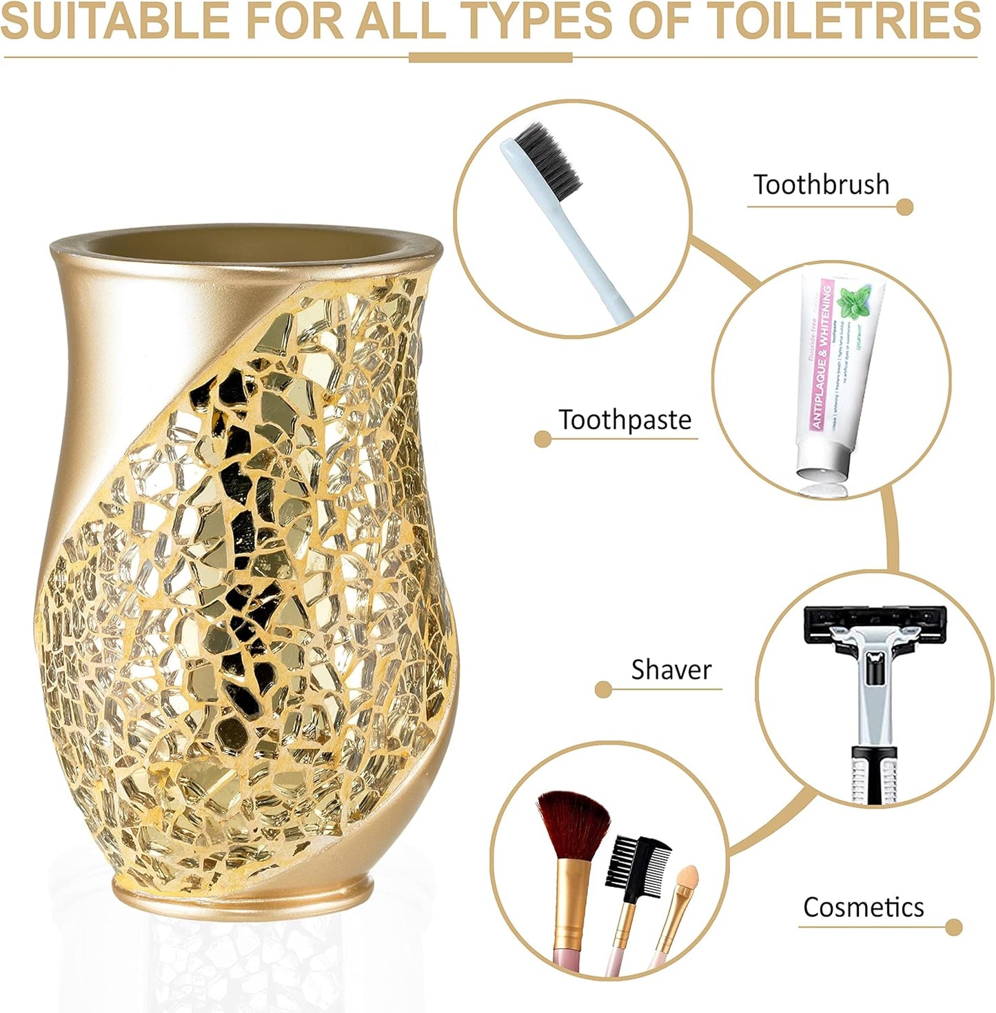 Zahari Home 4pc Sinatra Stylish Bathroom Accessories Set Champagne Gold Soap Dispenser Pump, Tumbler, Tooth Brush Holder and Soap Dish Modern Decor Bling Mosaic Glass Gold Bathroom Accessories