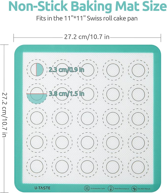 446ºF Heat Resistant Macaron Mat: U-Taste 11x11 Inch Non Stick Silicone Baking Mat, Reusable Cookies Pastry Sheet Liner with Edge Enhancement & Circle Measurement for Square Cake Pan (2 PCS, Aqua Sky)