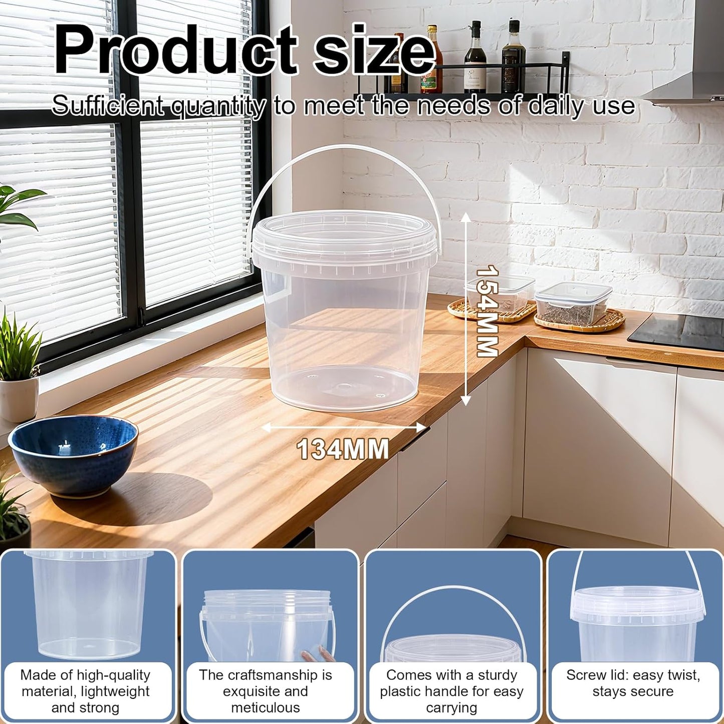 4 Pack 64oz Food Grade Plastic Buckets with Screw Lids & Handle, Reusable Storage Containers for Snacks, Salad, Sauce - Clear Freezer Safe Bucket Set