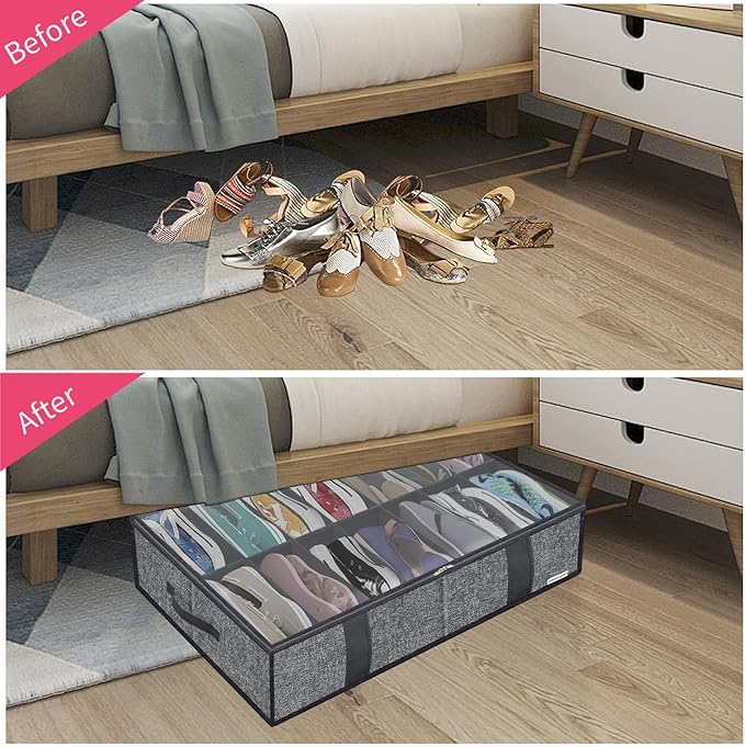 Large Under Bed Boots Shoes Storage Organizer Set of 2 (14+4 Pairs), Durable Closet Foldable Fabric Shoe Container Box with Clear Window, 33.9x 23.6x5.9inch, Light Grey, ZMGCUBS14S4