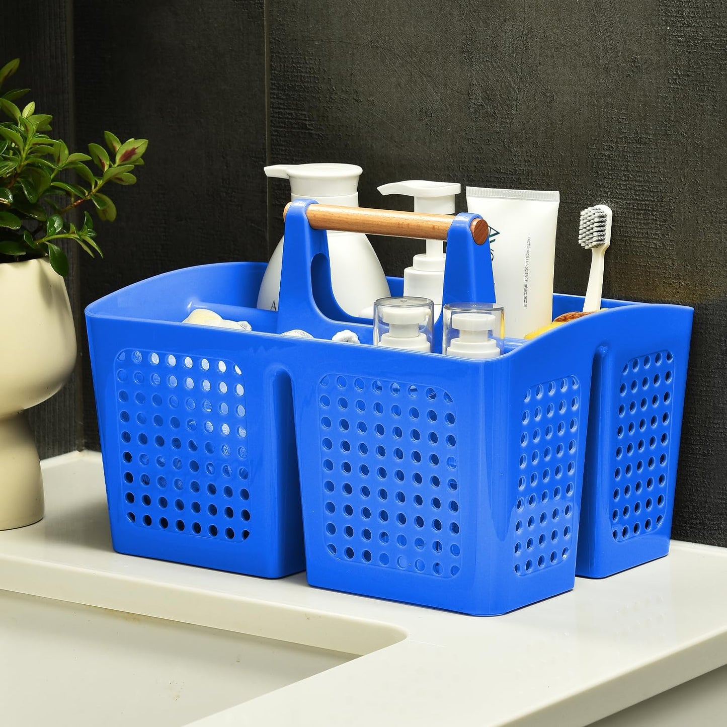 Portable Shower Caddy Basket with Compartments, Plastic Divided Cleaning Caddy Organizer Storage Tote with Handle for Bathroom, College, Dorm Room Essentials, Deep Blue