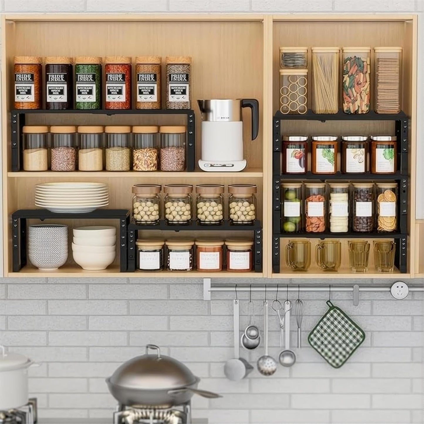 Expandable Spice Rack Organizion for Kitchen Cabinet, Seasoning,Bathroom Organizer Display Shelf, Stackable Multi-Purpose Shelves.Easy-to-Install（2Packs/Black,Large