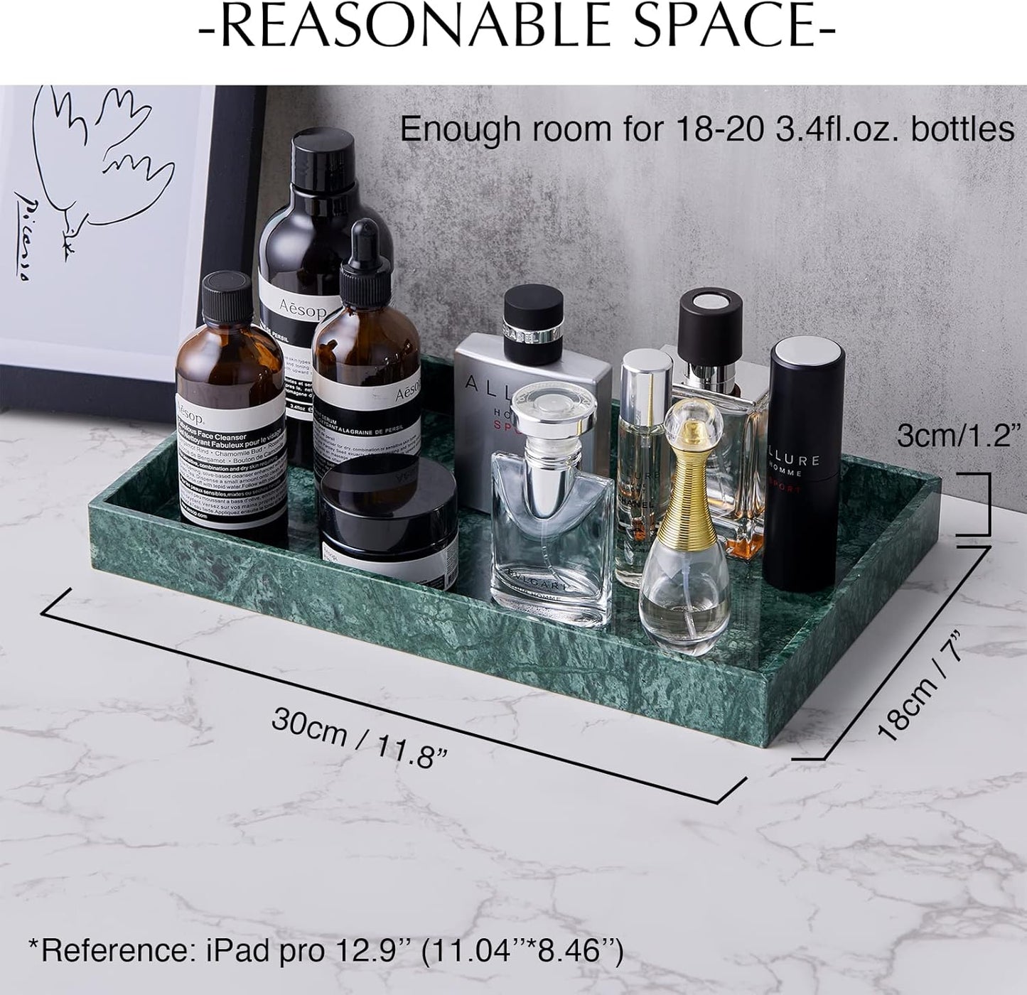 𝐑𝐞𝐚𝐥 𝐋𝐮𝐱𝐮𝐫𝐢𝐨𝐮𝐬 Marble Vanity Tray (12x7in), Counter Organizer for Bathroom, Kitchen, Dresser, Coffee Table, Serving & Decorative (Dark Green)