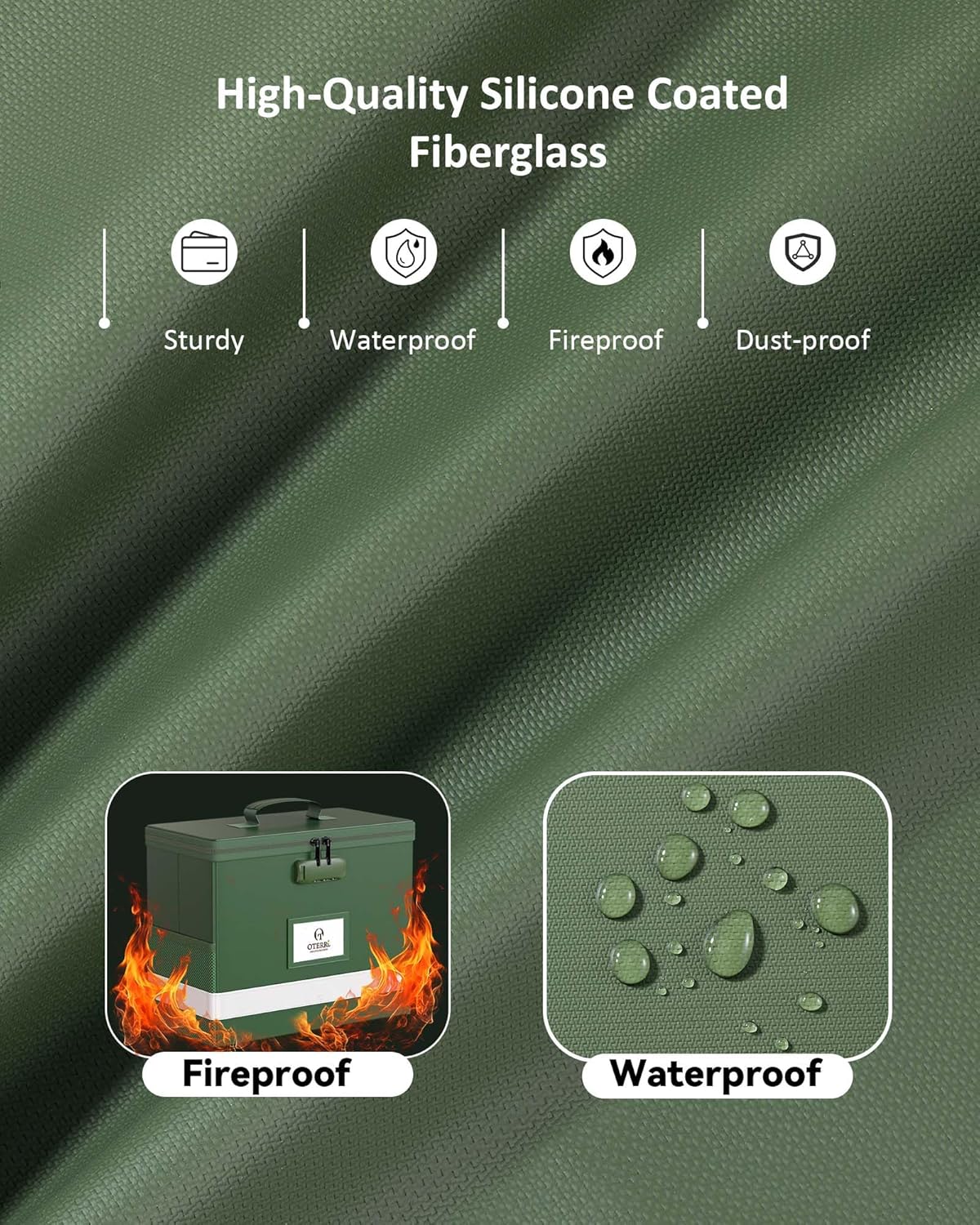 Oterri 2 Pack Fireproof Document Box With Lock, Portable File Safe Box Fireproof Waterproof For Letter Files, Collapsible Fireproof File Box With Handle (Green, 2 Pack)