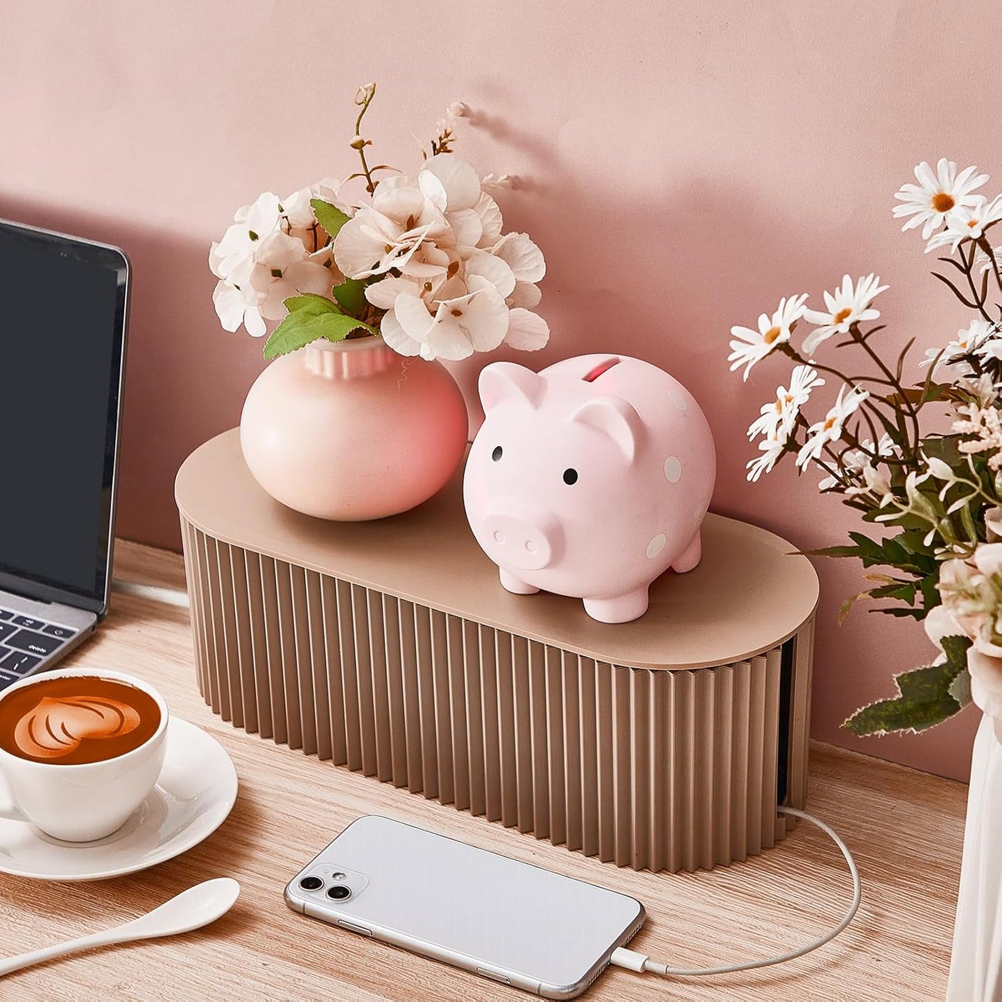 Marsui 2 Pcs Cable Management Box Cord Hider Organizer with 46 Pcs Cable Management Kit Wire Box for Power Strips Surge Protectors Desk TV Computer Wires Home Office(Light Coffee)