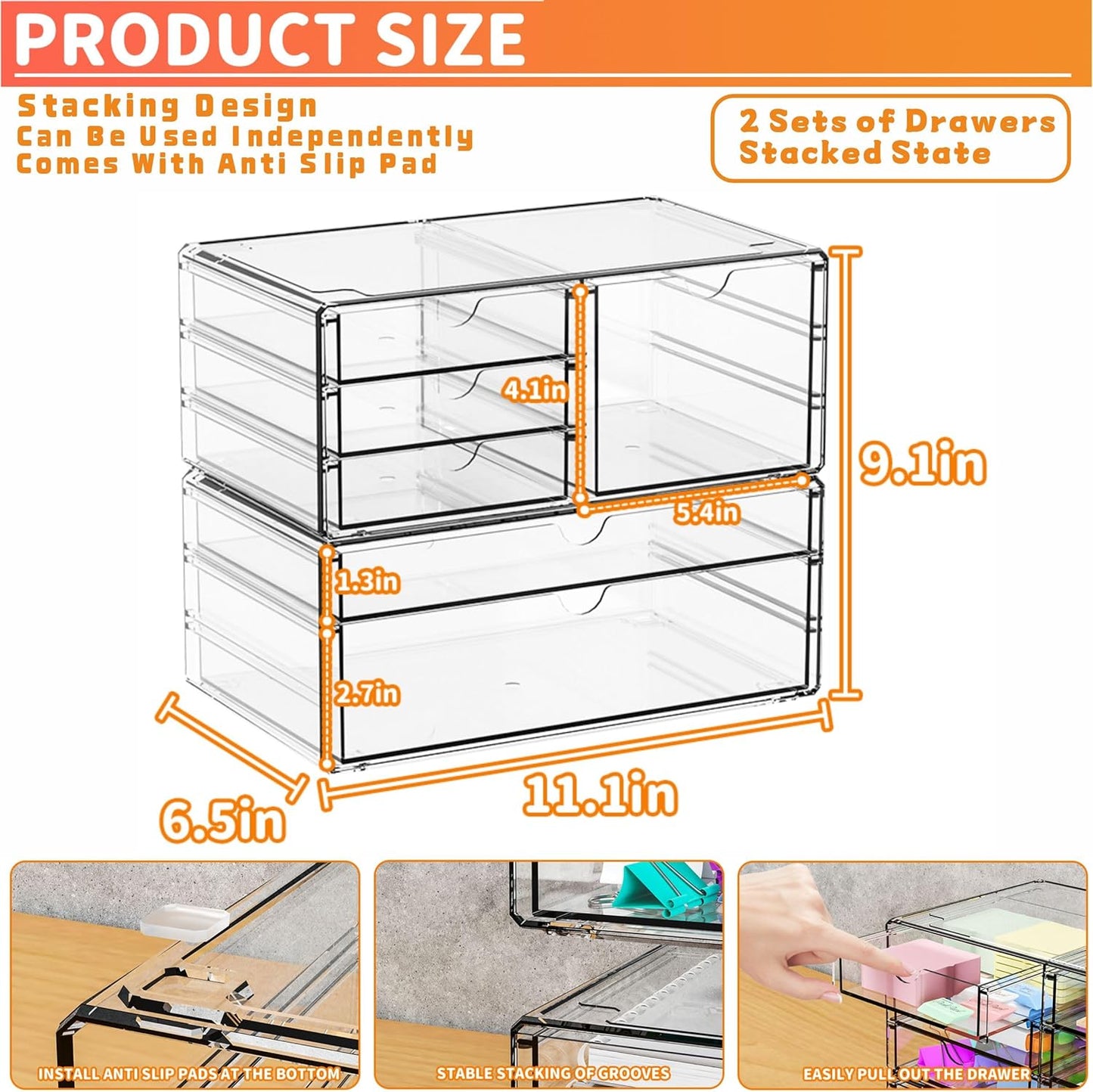 Yieach 2 Pack Acrylic Drawer Organizer With 6 Drawers,Stackable 11.1” Large Clear Storage Drawers and Makeup Organizer For Vanity,Bathroom Countertop,Cabinet,Pantry,Office Supply Storage Bins Drawers