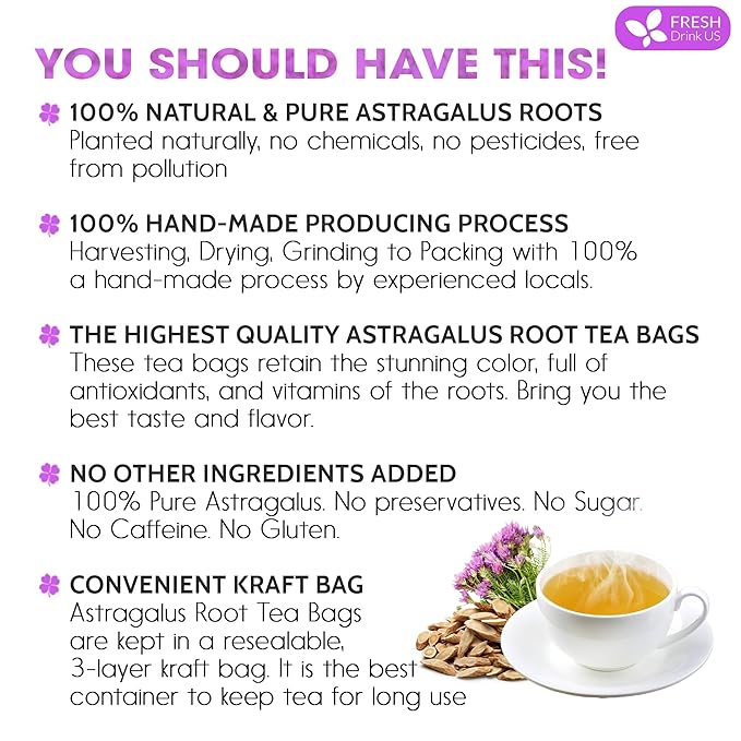 FreshDrinkUS, Premium 55 Astragalus Root Tea Bags, 100% Natural & Pure from Astragalus Root Herbal Tea. Made with Natural Material Tea Bags. No Sugar, No Caffeine, No Gluten, Vegan.