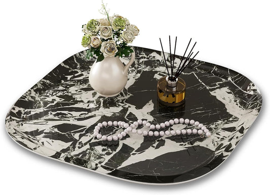 Vanity Decorative Glass Tray,12" x 12" Black Marble Pattern Perfume Tray, Bathroom Tray Countertop Organizer for Soap Towel, Jewelry, Candle