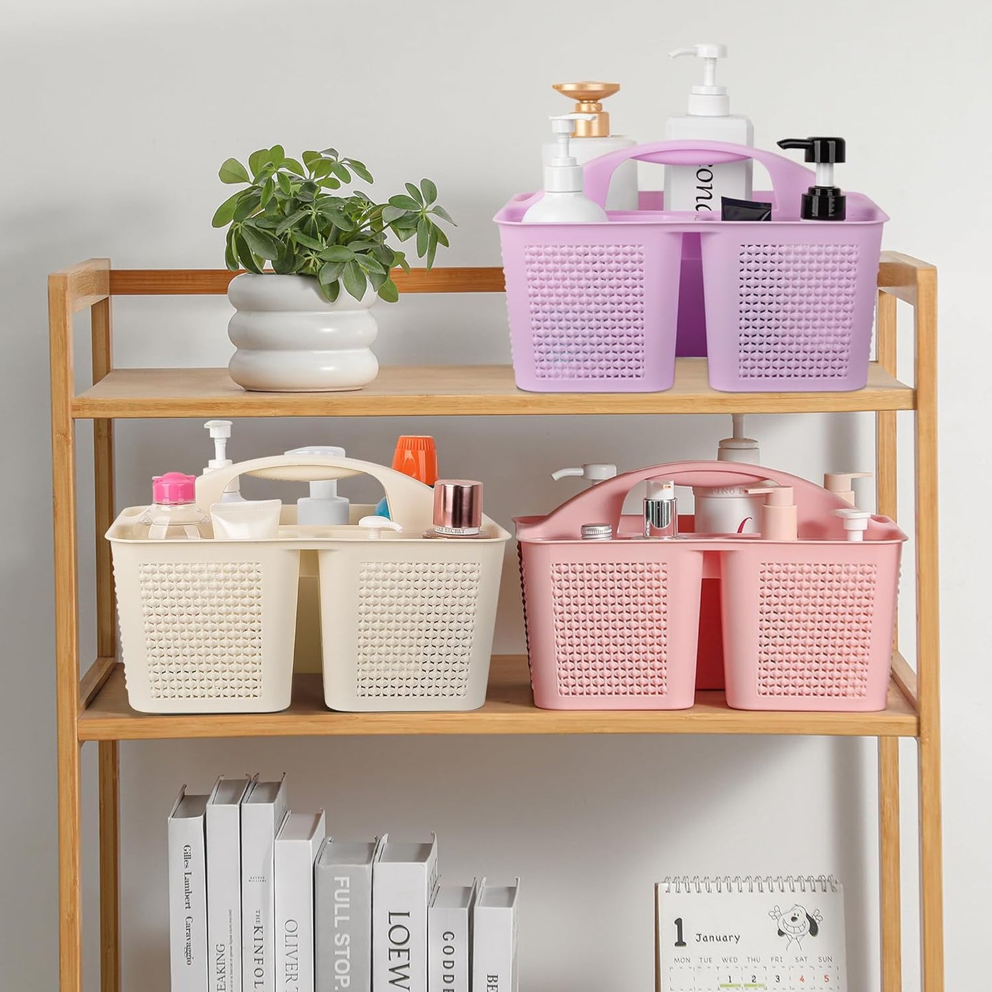 UUJOLY Plastic Portable Shower Caddy Basket Bucket, Cleaning Shower Basket with Handle Compartments Storage Basket Organizer for Bathroom Kitchen College Dorm Sink, Light Purple