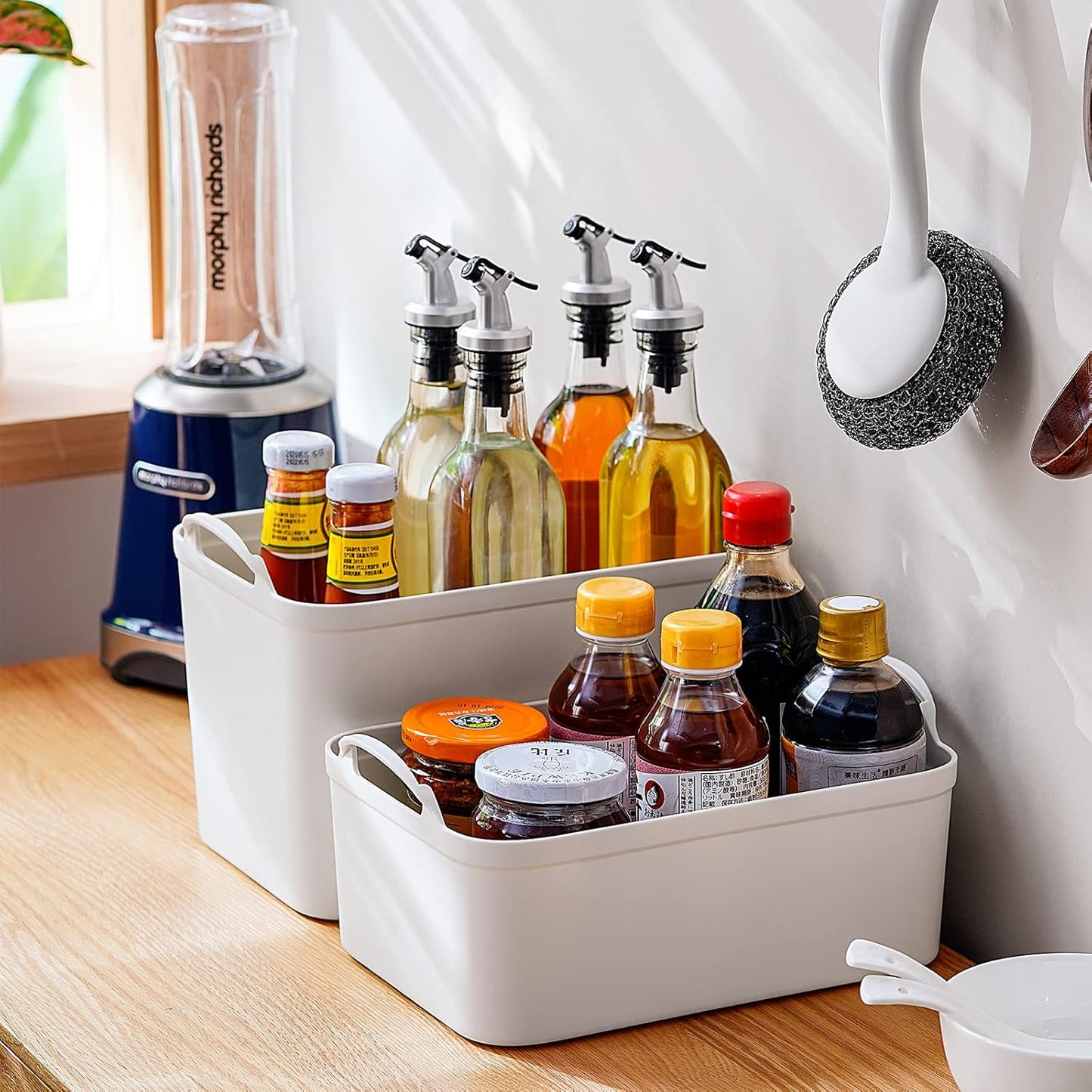 ANMINY 5PCS Plastic Storage Bins Containers with Lids, Large White Storage Organization Bins Boxes, Lidded Plastic Storage Baskets for Closet Shelves Drawers Desktop - 2 Medium 3 Small, Wheat Lids