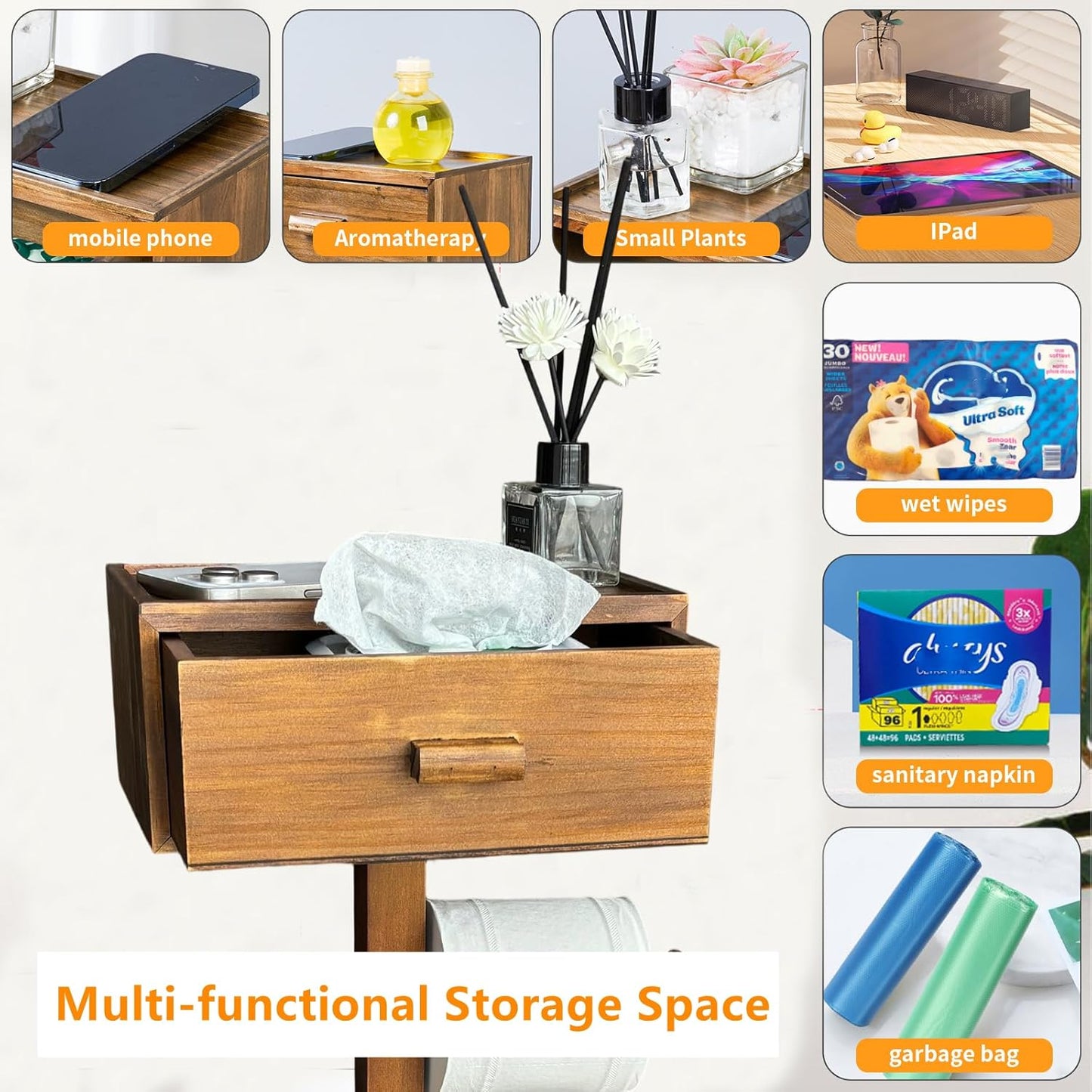 Freestanding Bathroom Toilet Paper Holder Stand with Shelf, Wood Toilet Paper Roll Holder with Wet Wipes Storage Drawer,Brown(2 Rods,Stores 6 Rolls)