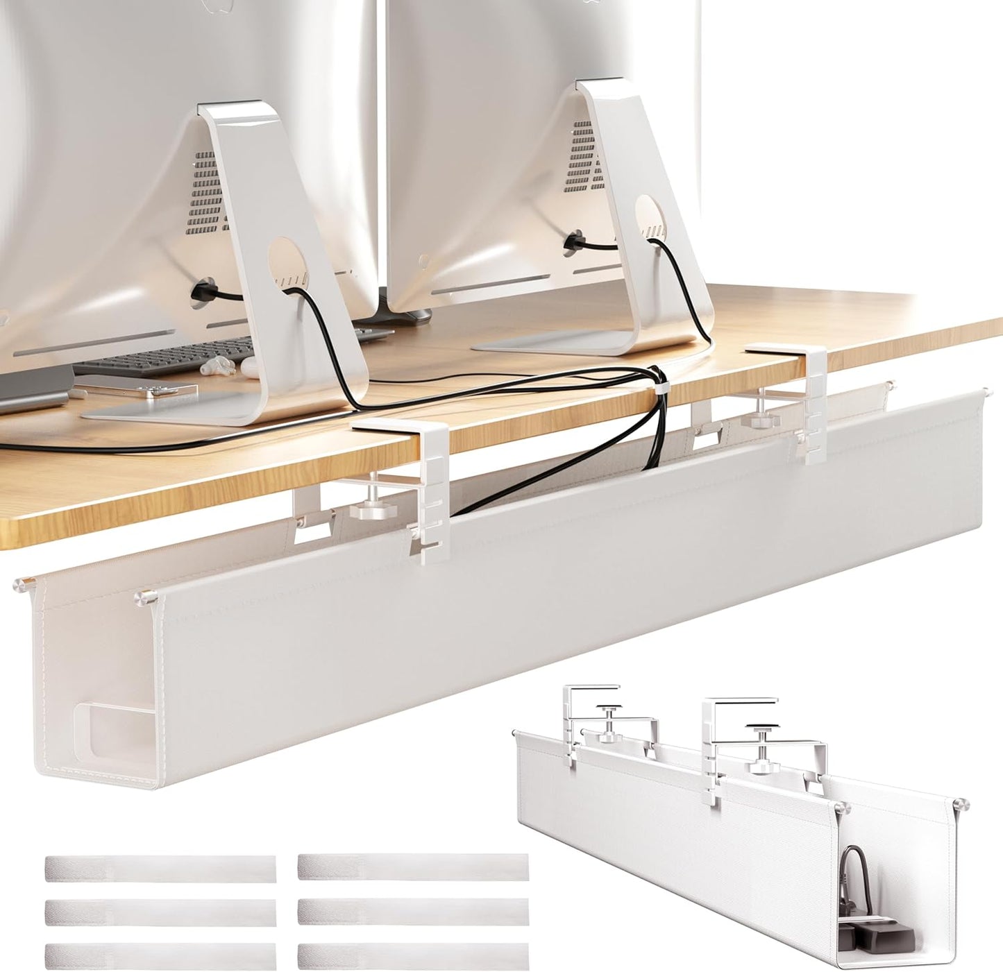 [Upgraded] Large Under Desk Cable Management Tray, Cinati Cable Management Under Desk No Drill, 42" Fabric Cord Hider for Wire Organizer, Cord Organizer for Office, Home - Supports Up to 30lbs White