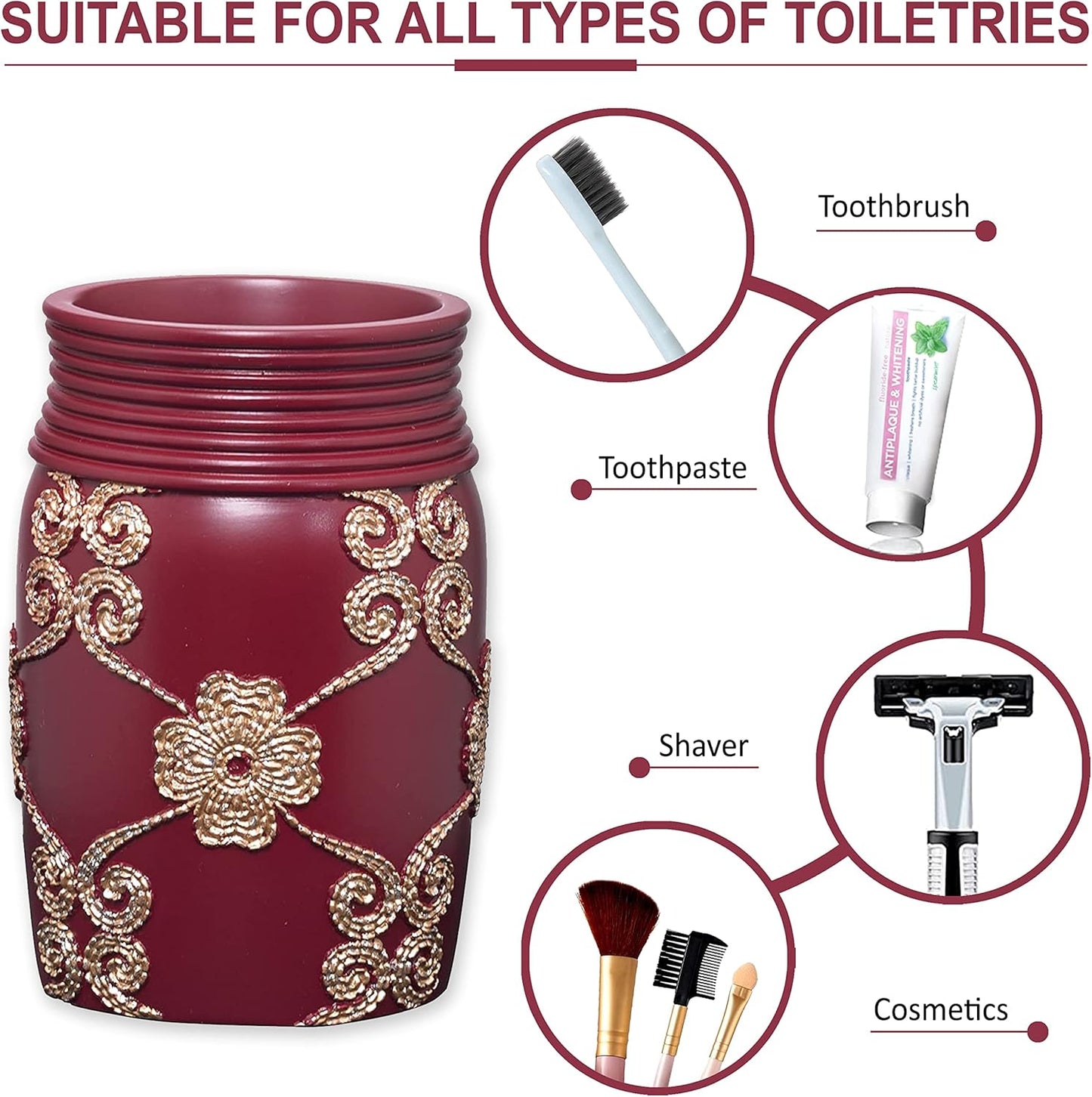Zahari Home 4pc Elegant Rose Burgundy Bathroom Set Classic Bathroom Lotion Dispenser, Tumbler, Toothbrush Case and Bar Soap Holder Modern Uunique Design Burgundy Red Bathroom Accessories