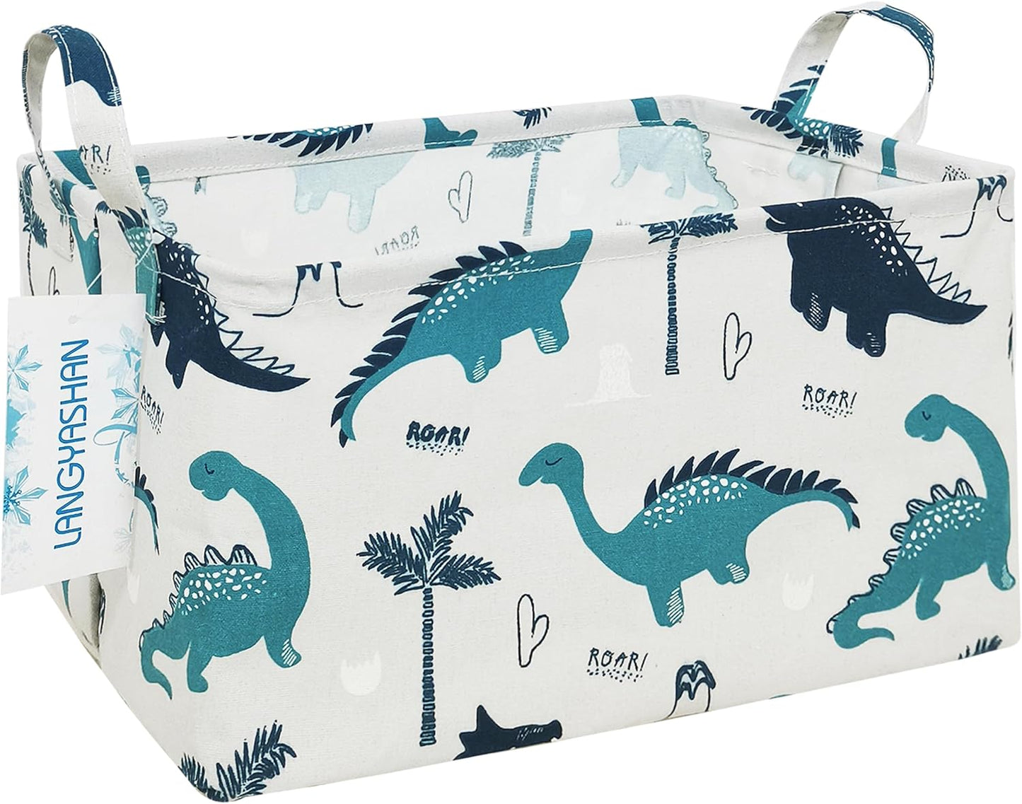 LANGYASHAN Rectangular Storage Bin Collapse Canvas Fabric Cartoon Storage Basket with Handles for Organizing Home Kitchen Boys and Girls Toys Office Closet Shelf Baskets (Rec green dinosaur)