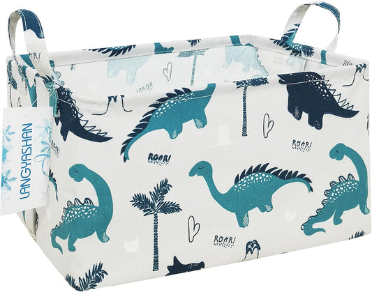 LANGYASHAN Rectangular Storage Bin Collapse Canvas Fabric Cartoon Storage Basket with Handles for Organizing Home Kitchen Boys and Girls Toys Office Closet Shelf Baskets (Rec green dinosaur)