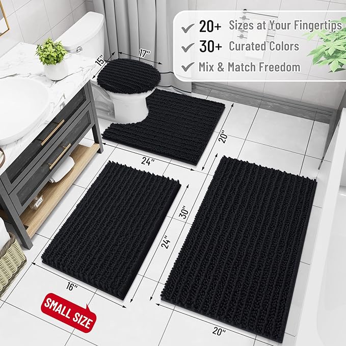 Arotive Luxury Chenille Bathroom Rug Mat, Extra Soft Thick Absorbent Shaggy Bath Rugs, Non-Slip Machine Wash Dry, Plush Bath Mats for Bathroom, Shower and Tub, 45x27, Black