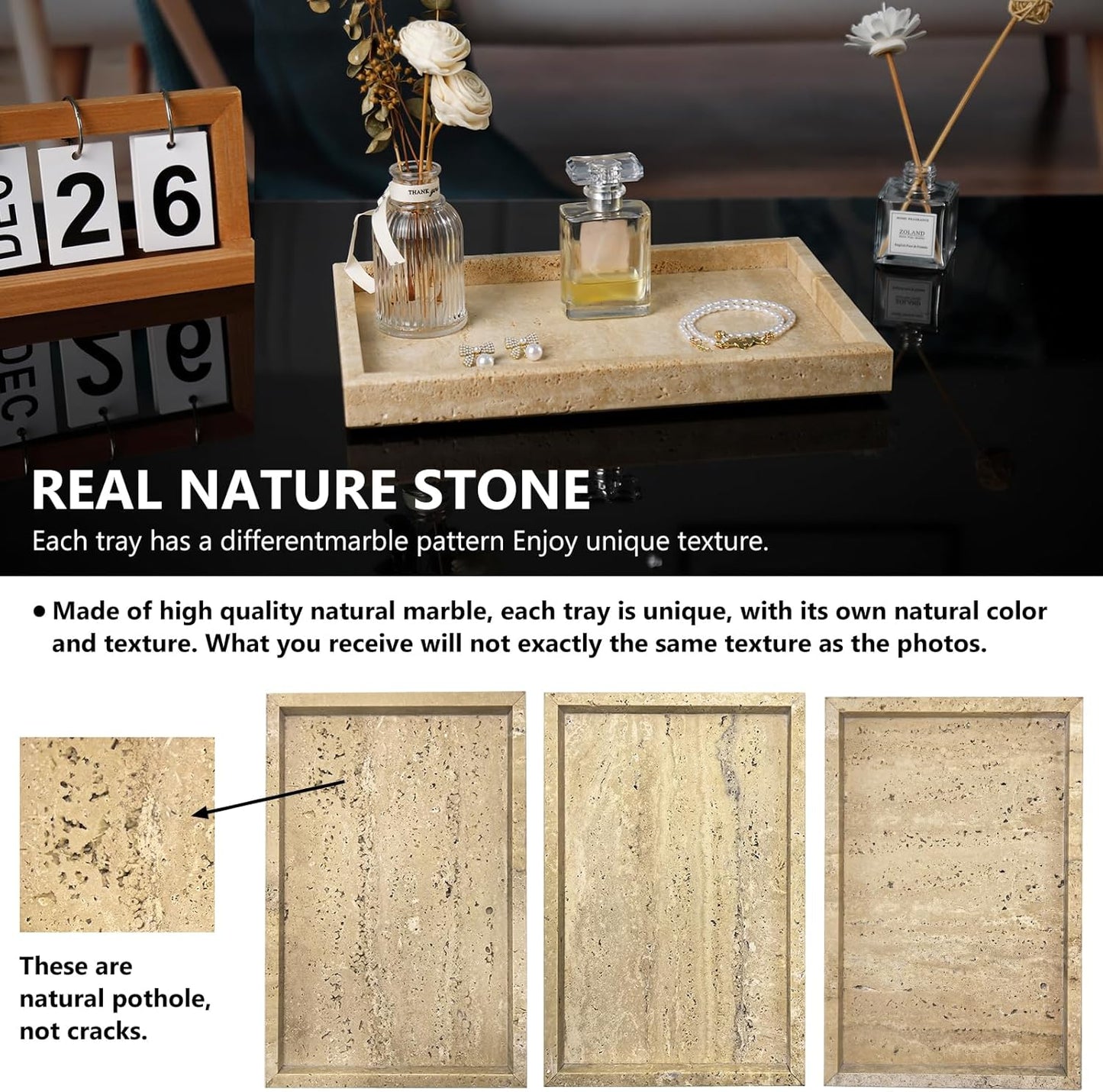 Real Natural Travertine Tray for Bathroom, Vanity, Kitchen and Desktop, Rectangle Genuine Travertine Stone Tray for Jewelry, Cosmetics, Candles, Lotion, Perfume and Home Decor