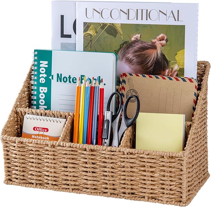Rattan Desk Organizer, Tabletop Mail Holder, 5 Slot Mail Organizer Countertop Basket, Rattan Office Supplies, Boho Office Desk Accessories, Wicker Desk Organizer, Magazine Holder（Wicker）