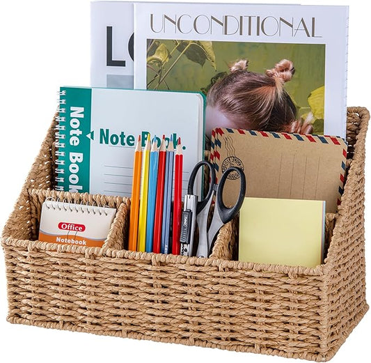 Rattan Desk Organizer, Tabletop Mail Holder, 5 Slot Mail Organizer Countertop Basket, Rattan Office Supplies, Boho Office Desk Accessories, Wicker Desk Organizer, Magazine Holder（Wicker）