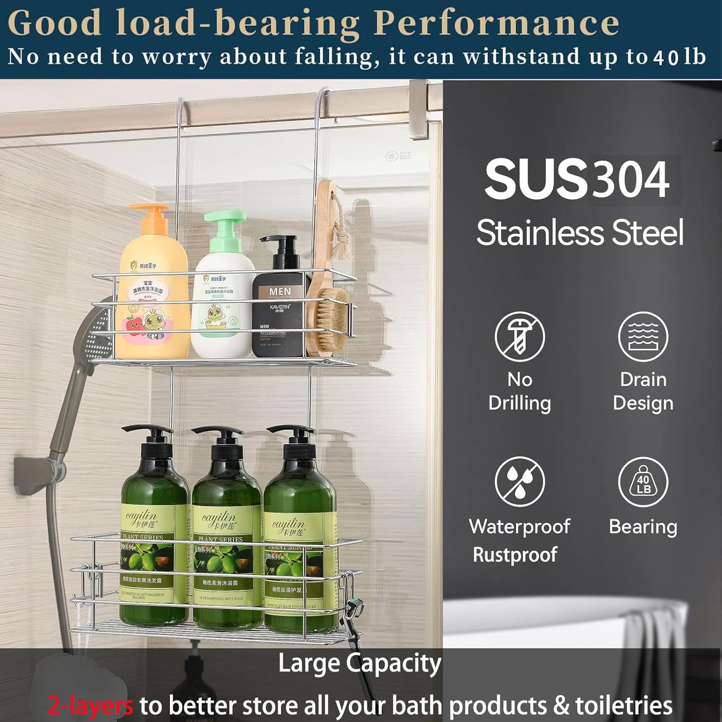 Hanging Shower Rack Shower Caddy with Rotatable Hook bar Over the Door and Can be Hung on the Faucet or Claw Foot, 304 Stainless Steel Rust Proof and Durable (Double-Layer)