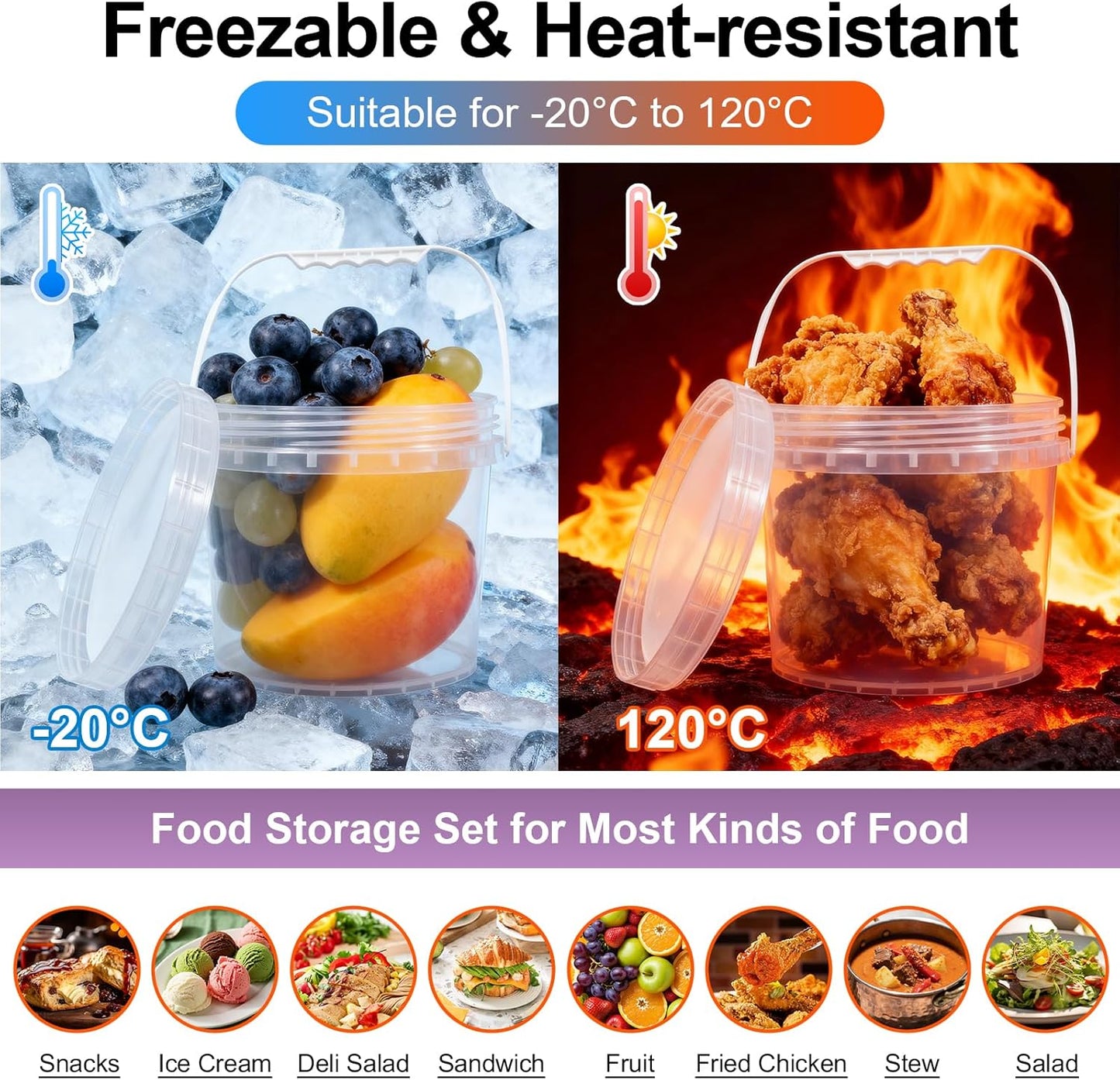 4 Pack 1 Gallon Food Grade Plastic Buckets with Screw Lids & Handle, Reusable Storage Containers for Snacks, Salad, Sauce - Clear Freezer Safe Bucket Set