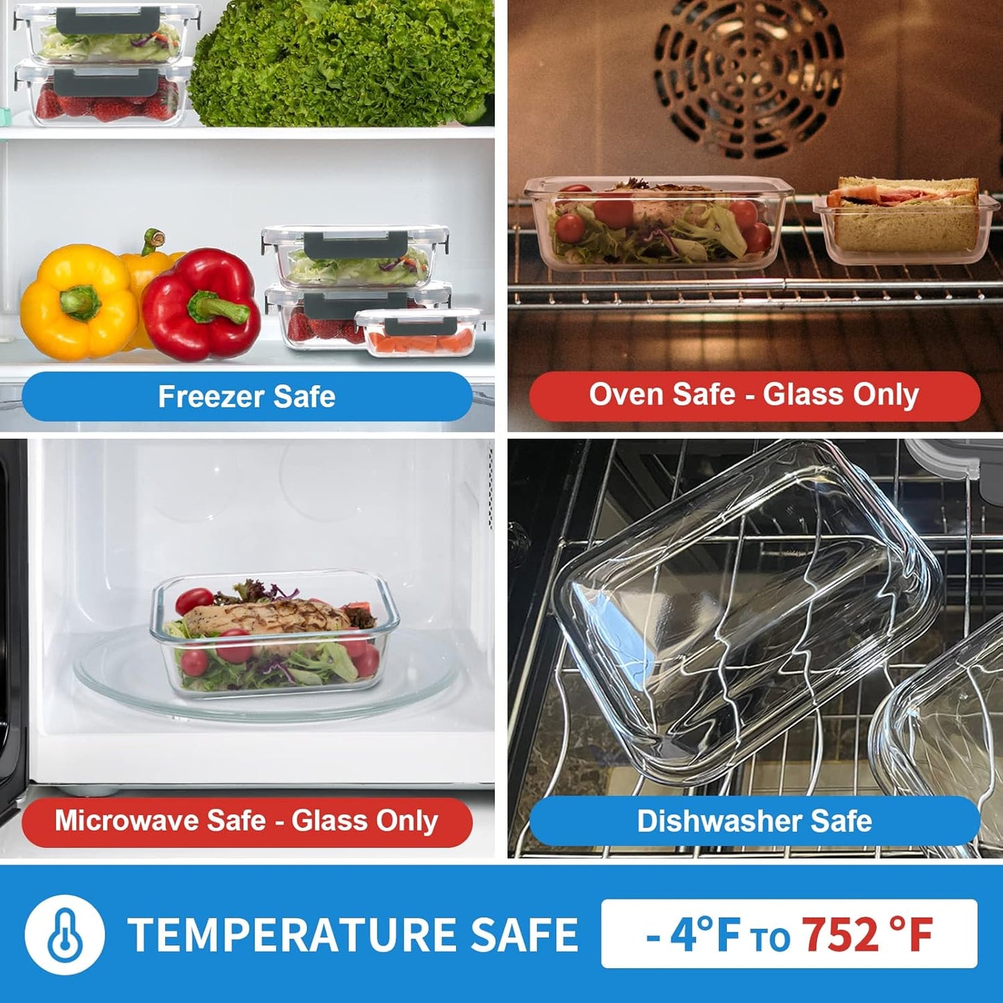 10-Pack Glass Food Storage Containers with Lids [Air-Tight,Leak-Resistant] Glass Containers for Food Storage, Meal Prep, Microwave, Freezer, Dishwasher Safe
