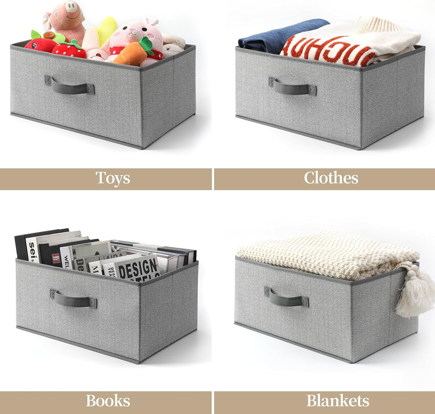 Storage Baskets, 15.7 Inch Woven Fabric Bins, Storage Cubes with Reinforced Handles, Organizer Bins for Closet Shelves, Foldable, for Toys, Clothes, Natural Beige (4PCS/Grey-15.7*11*7.8inch)