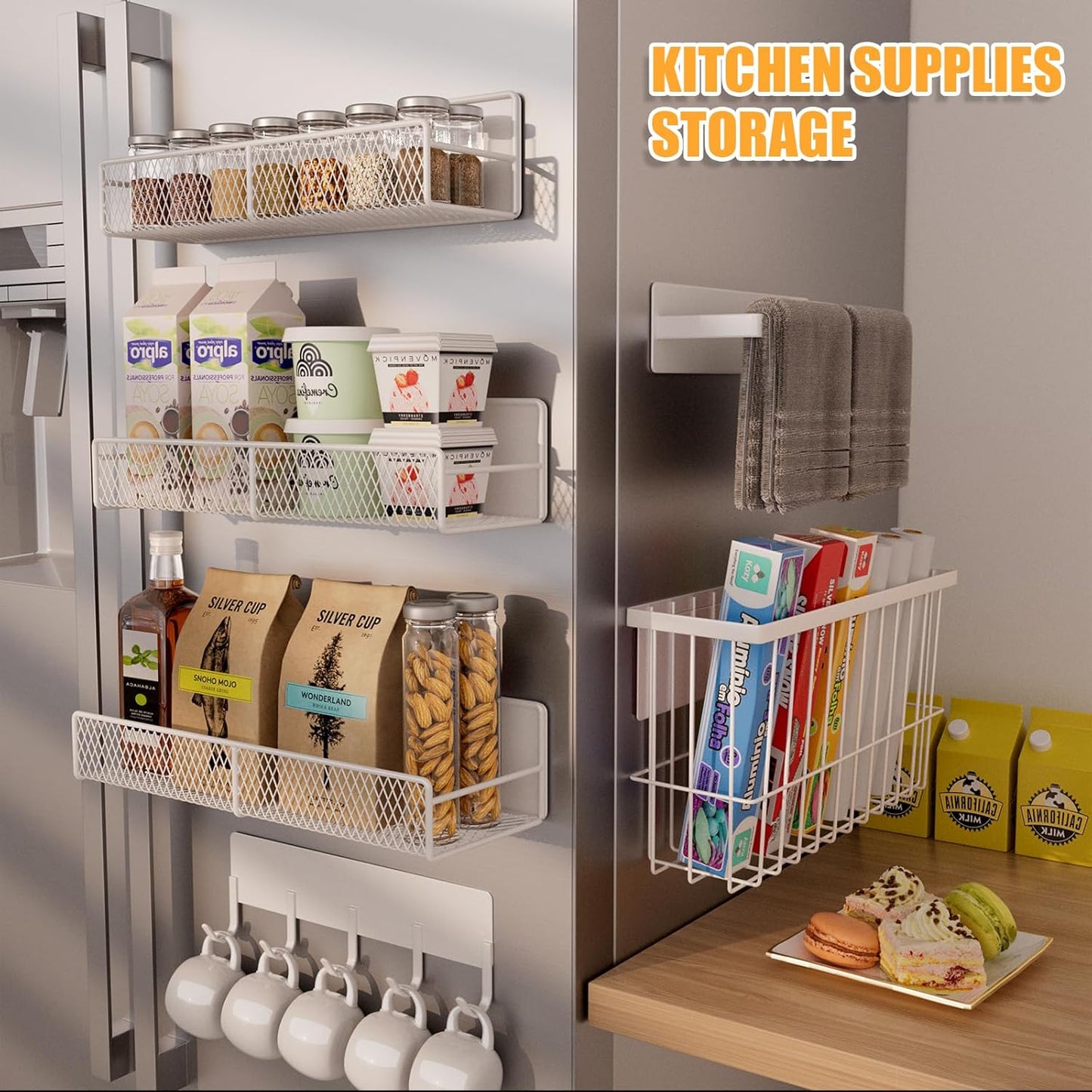 6-Pack Magnetic Shelves for Washing Machine & Refrigerator, Heavy-Duty Laundry Organizer with Hanger Holder & Deep Baskets, Metal Storage System for Laundry Room (White)