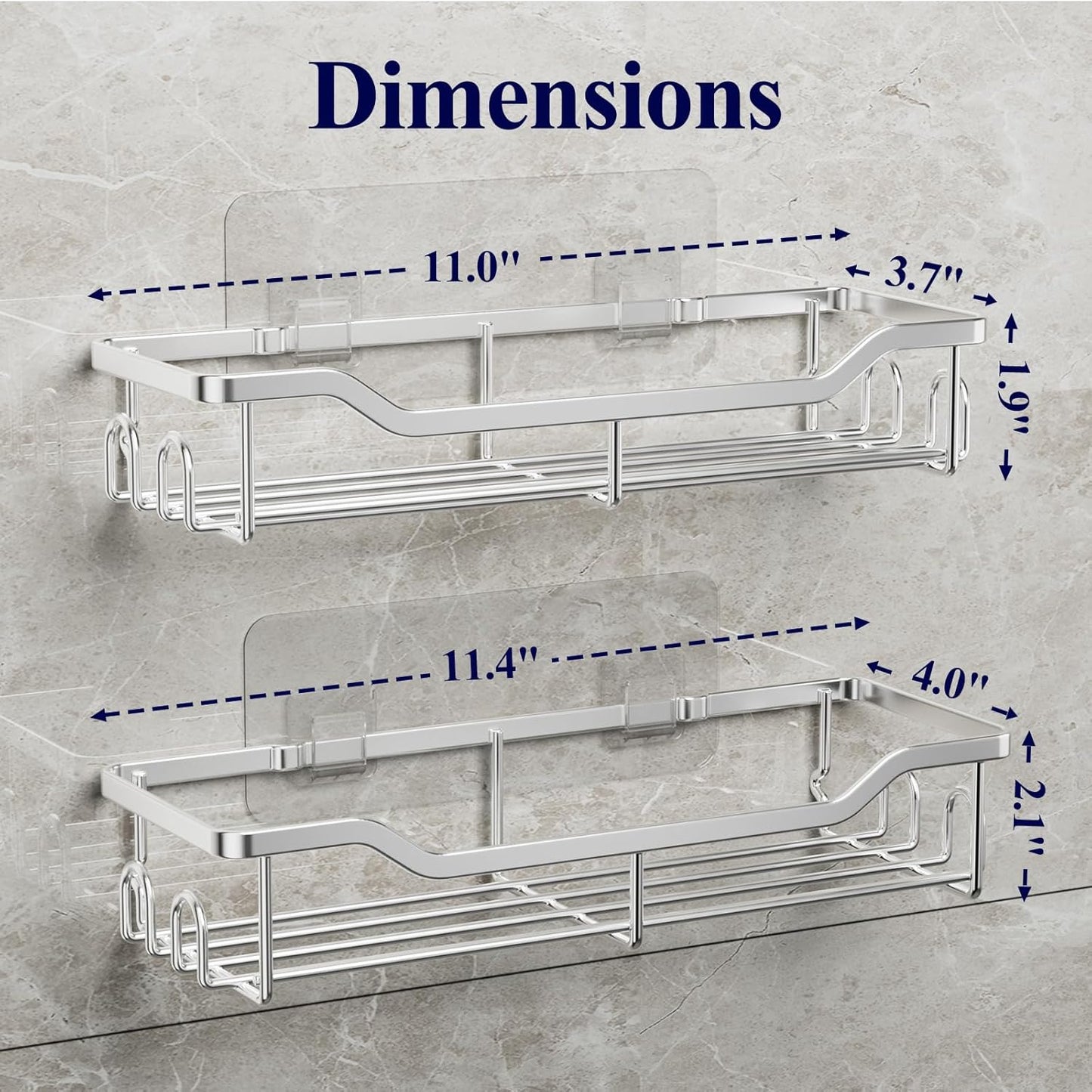 Kitsure Shower Caddy Large - Adhesive Shower Organizer, Stainless Steel Shelf for Inside Shower, No Drill Bathroom Organizers and Storage, Home Decor Accessories, 2 Pack, Sliver
