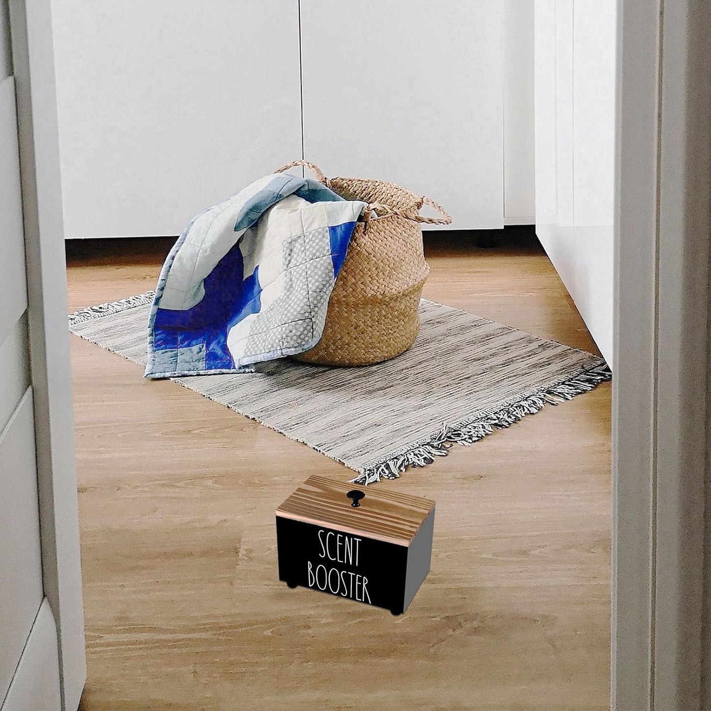 Laundry Scent Booster Container, Farmhouse Scent Beads Storage Organization, Rustic Wood Dispenser for Clothing Fragrance Beads, Laundry Room Powder Box, Laundry Detergent Organizer Bin(Black)