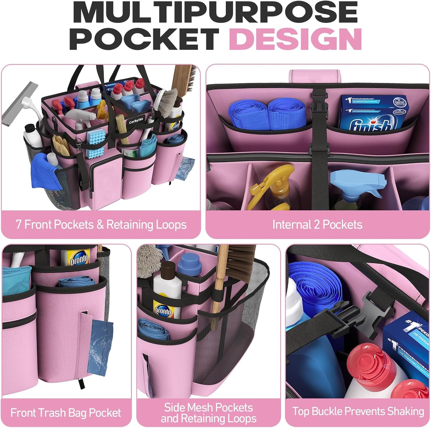 Rolling Cleaning Caddy Bag with Detachable Trolley, Cleaning Supplies Organizer Cart on Wheels, Cleaning Supply Caddy for Housekeepers, Large Professional Detailing Bag Tote for Home, Car (Pink)