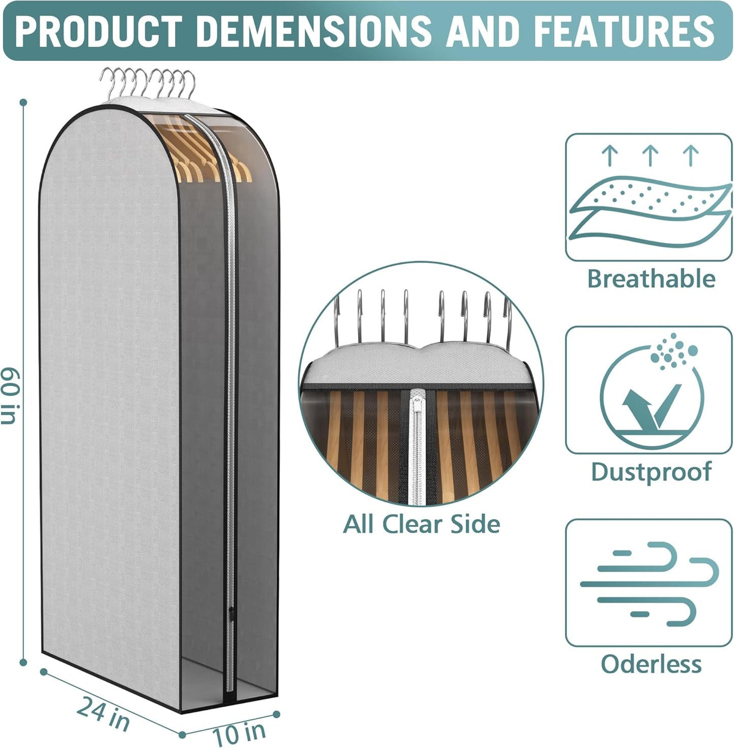 10" Gusseted Garment Bags for Hanging Clothes 60" Suit Bags for Open Closet Storage, Side Clear Clothing Cover for Coat, Dress, Jacket, Shirt, Fur Wardrobe Protector, 3 Packs, Grey