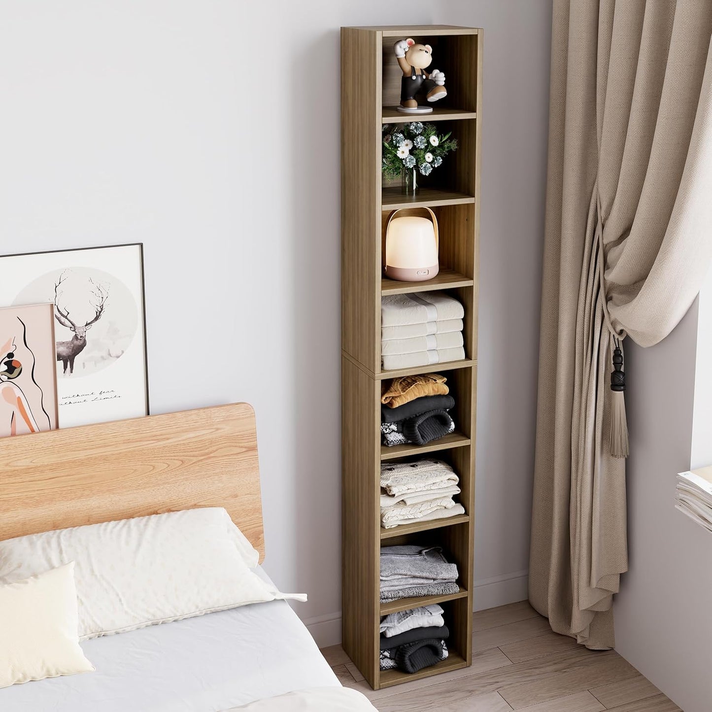 Bamjoy 71 Inches Tall Narrow Bookshelf, 8-Tier Slim CD DVD Media Shelf, Corner Bookcase with Adjustable Shelves, Cube Skinny Bookshelf for Home Office Small Space, Light Walnut