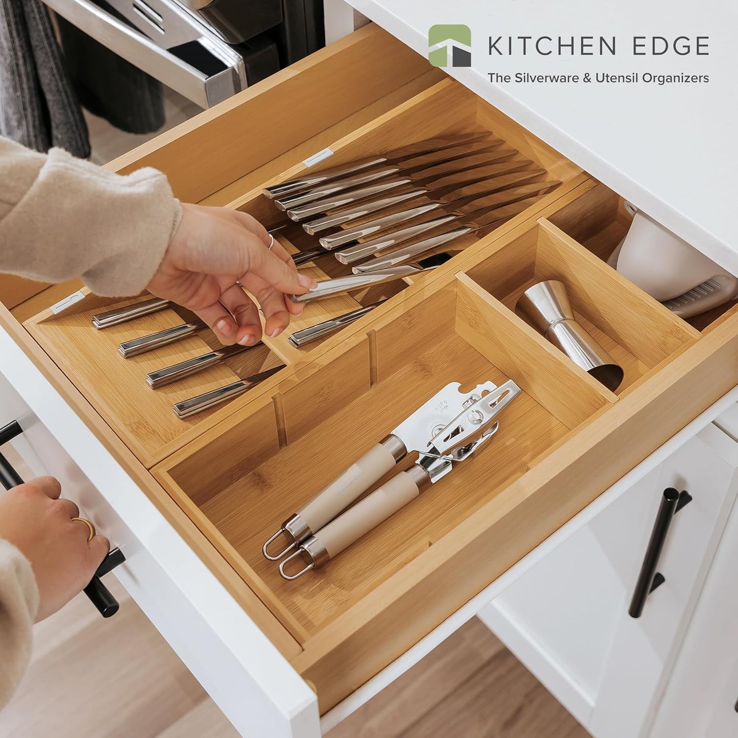 KitchenEdge Premium Silverware and Utensil Drawer Organizers – Slanted 3-Compartment and 5-Compartment Design, Labeled Slots, Non-Slip Feet, 100% Sustainable Bamboo, 2 Pack