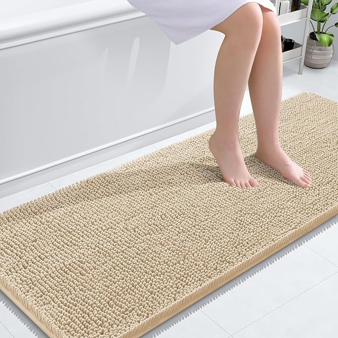 OLANLY Bathroom Rugs 59x24, Extra Soft Absorbent Chenille Bath Rugs, Rubber Backing Quick Dry, Machine Washable Bath Mats for Bathroom Floor, Tub and Shower, Home Decor Accessories, Beige