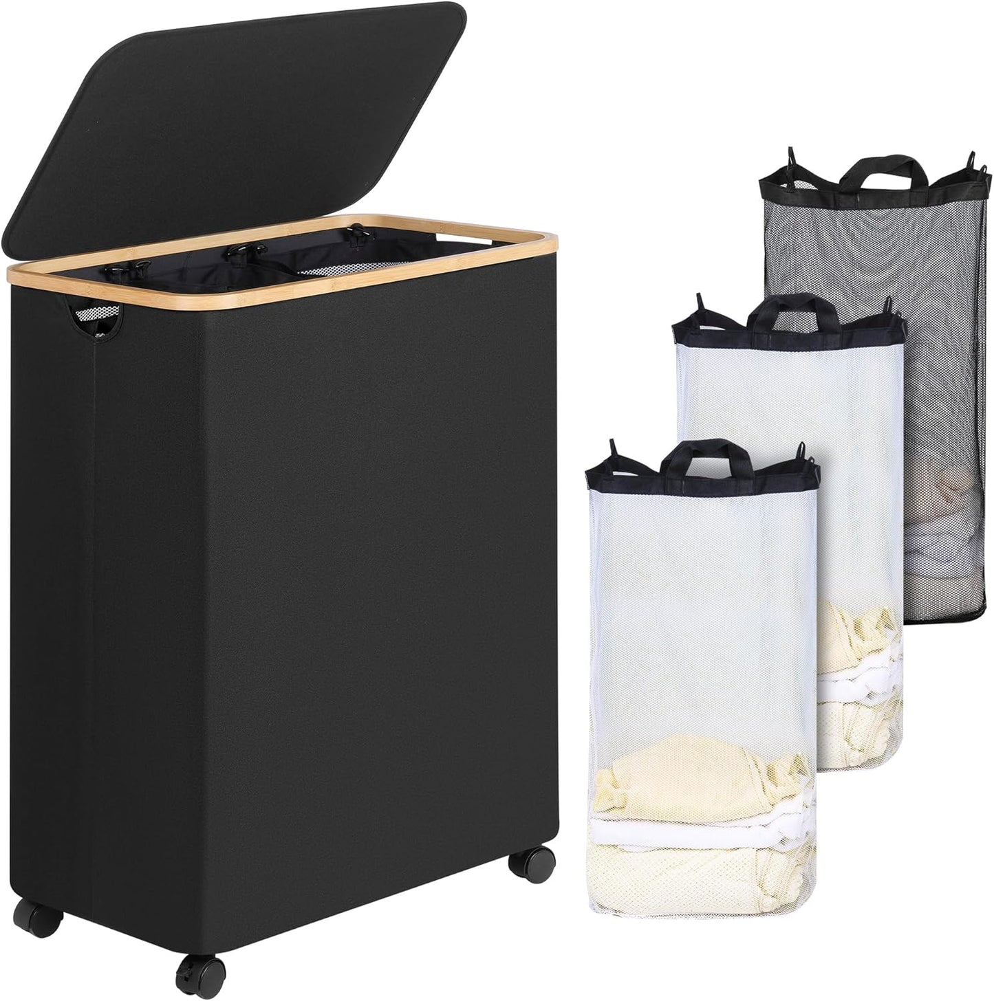 Lagre Laundry Basket with Wheels, Laundry Hamper with Lid, 160L Clothes Hamper for Laundry with 3 Liner Bags, for Laundry Room, Bedroom, Dormitory Organization,Black