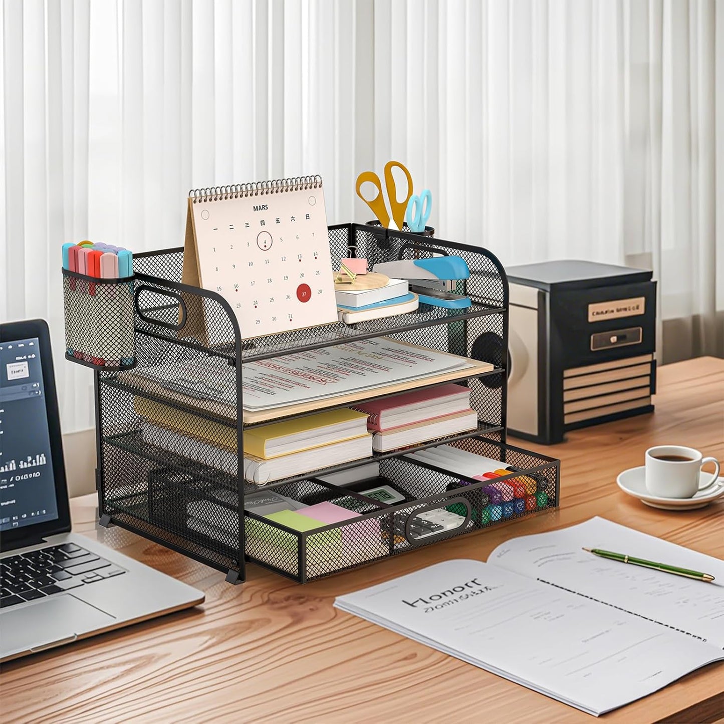 Desk Organizer and Accessories，4-tier Paper Letter Tray Organizer, Desk File Organizer with Drawers and 2 Pen Holders for School and Home Office Supplies (black)