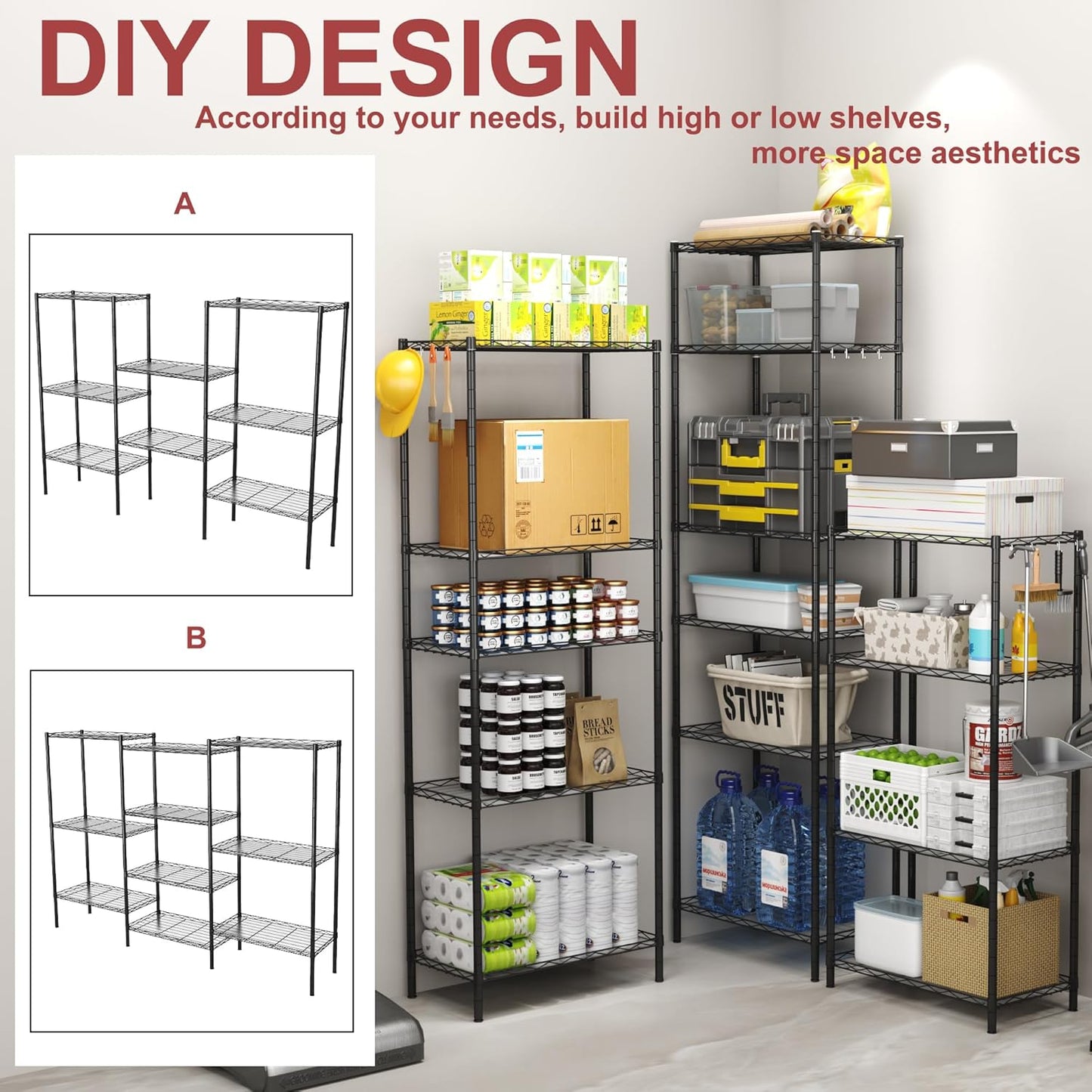 HOMEFORT 4-Shelving Unit, Adjustable Wire Shelving, Metal Wire Shelf Rack Organizer for Kitchen, Pantry, Closet, Bathroom, Laundry, Black,21" W x 11" D x 43" H