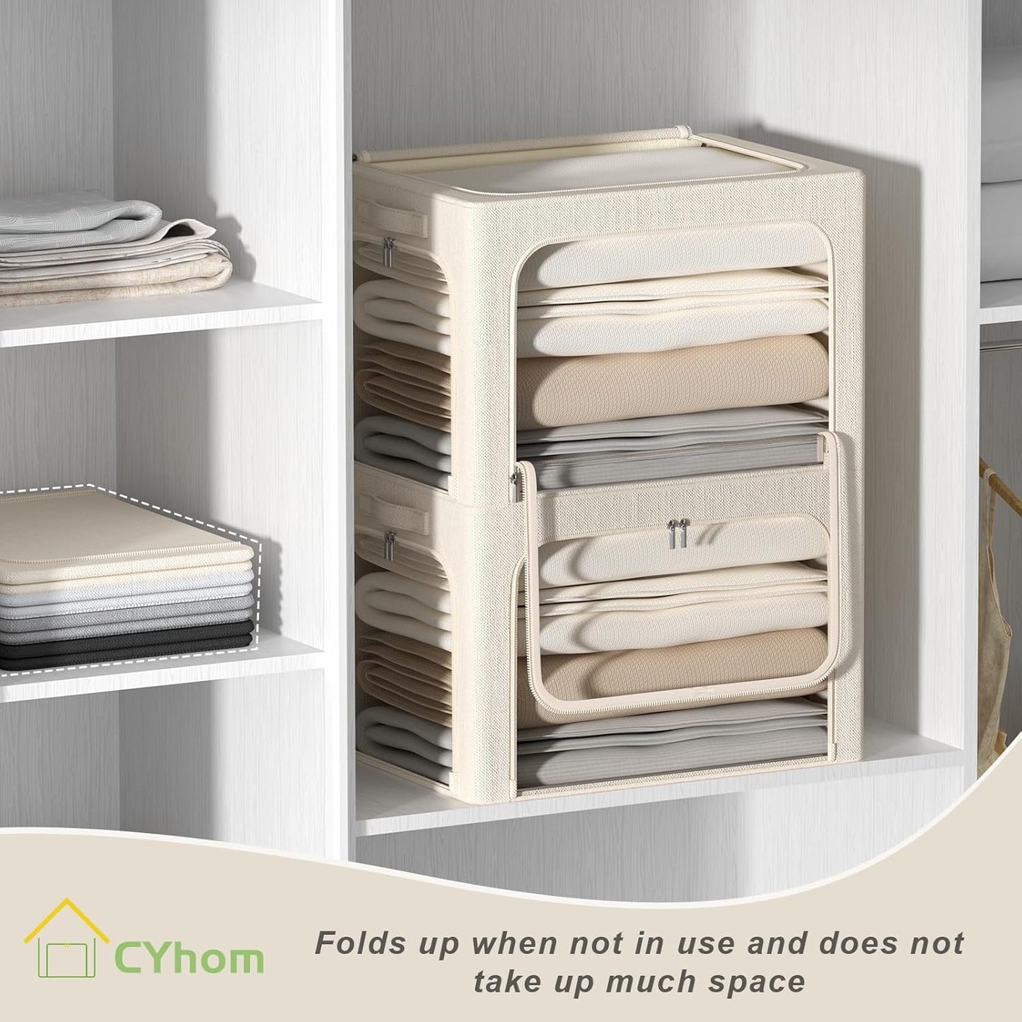 3 Openings Clothes Storage Bins Box - 3Pack Stackable Foldable Storage Bin - Metal Frame Storage Box Clothing Storage Organizer with Clear Window, Carry Handles (66L-19.7x15.7x13in, Beige)