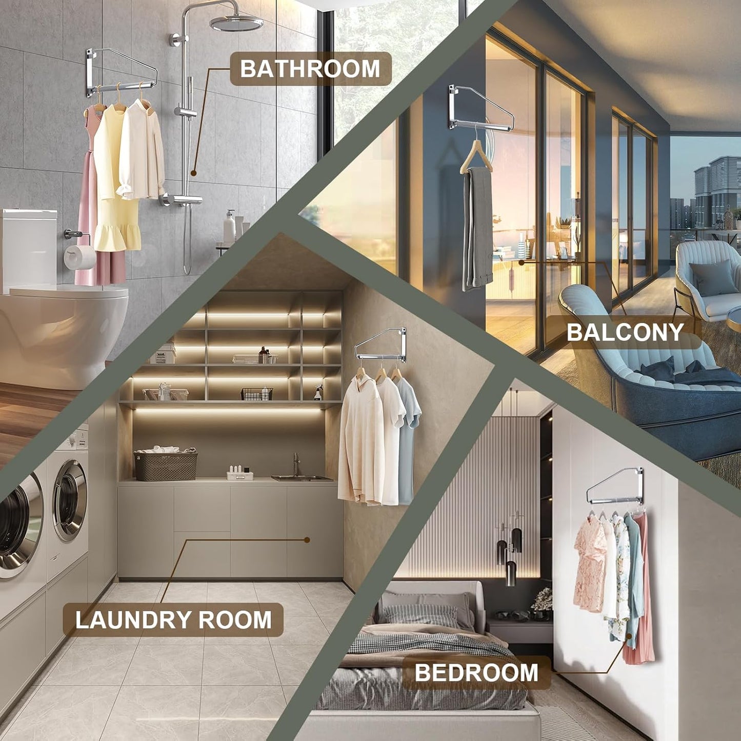 NEWRAIN Laundry Hanger, Wall Mounted Clothes Hanger with Swing Arm Holder Brass Hanging Drying Rack Space Saver,Chrome