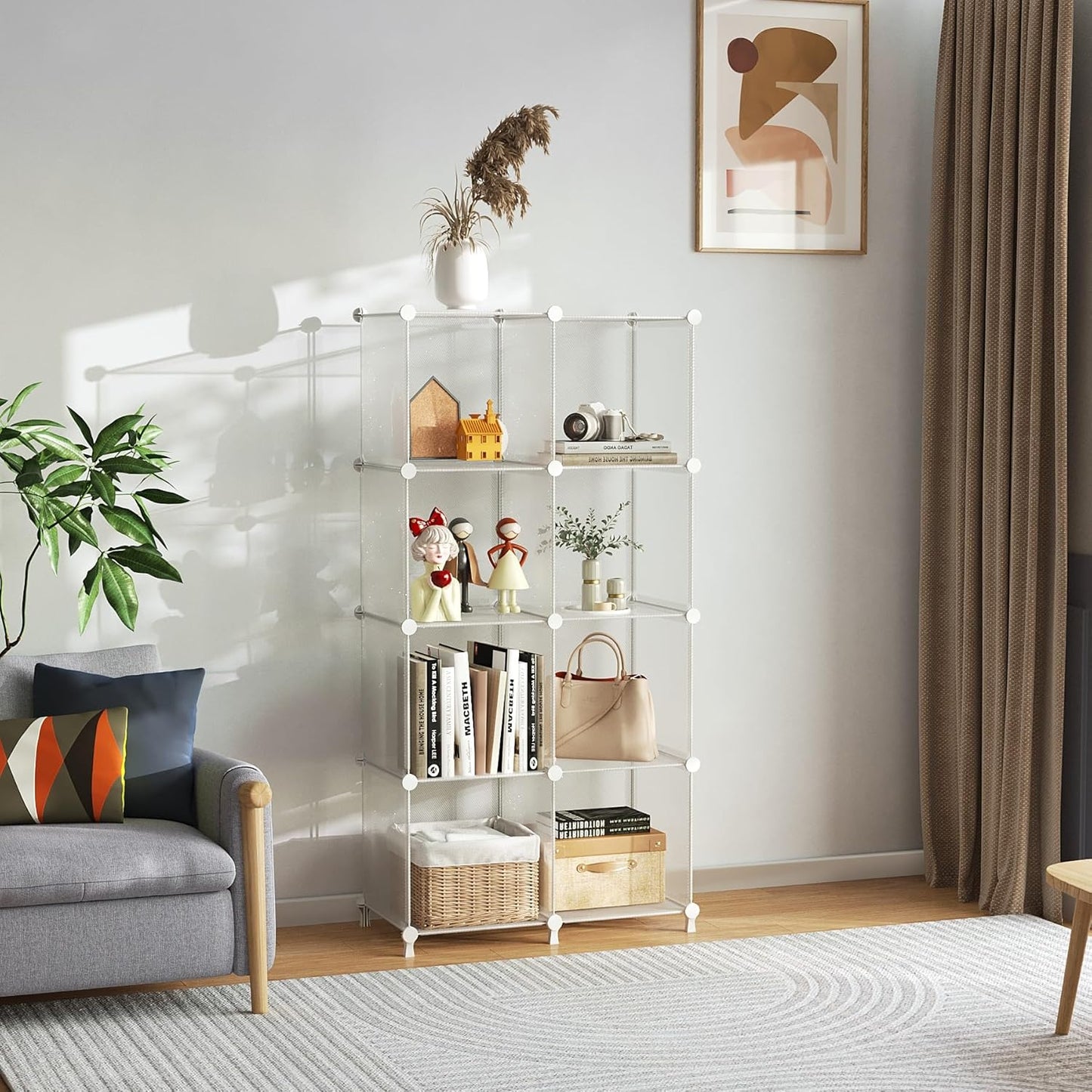 AWTATOS 8 Cube Storage Organizer, Closet Organizer Storage Shelf, Bookcase Bookshelf, DIY Stackable Storage Cubes Shelves for Closet, Bedroom, Home, Office, Transparent Twill