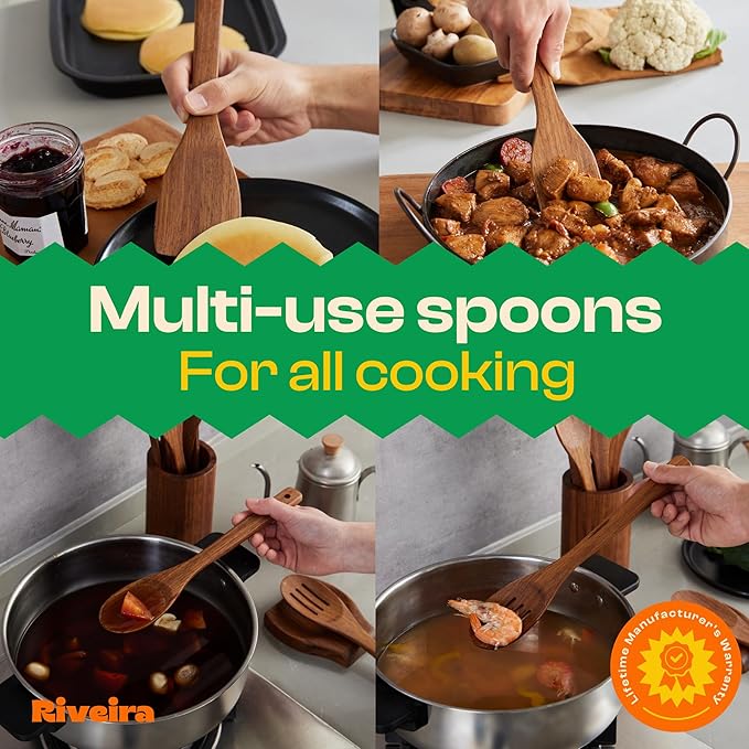 Riveira Teak Wooden Cooking Utensils Set of 6 Premium Quality Non-Toxic Wooden Spoons & Spatula for Cooking, Stirring & Serving
