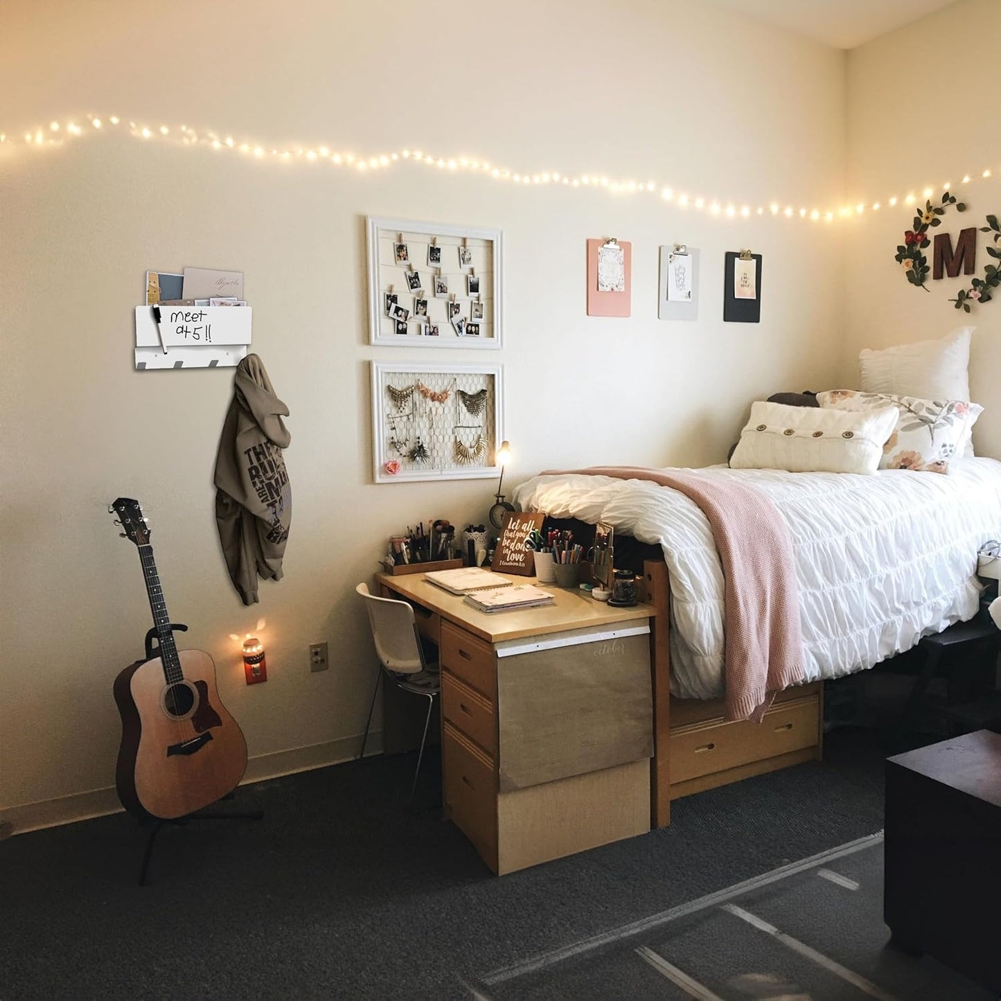 4-Hook Wall Organizer with Whiteboard - Keys, Mail, Coat Hanger for Home & Dorm. Includes Marker & Magnets- Sable Flow