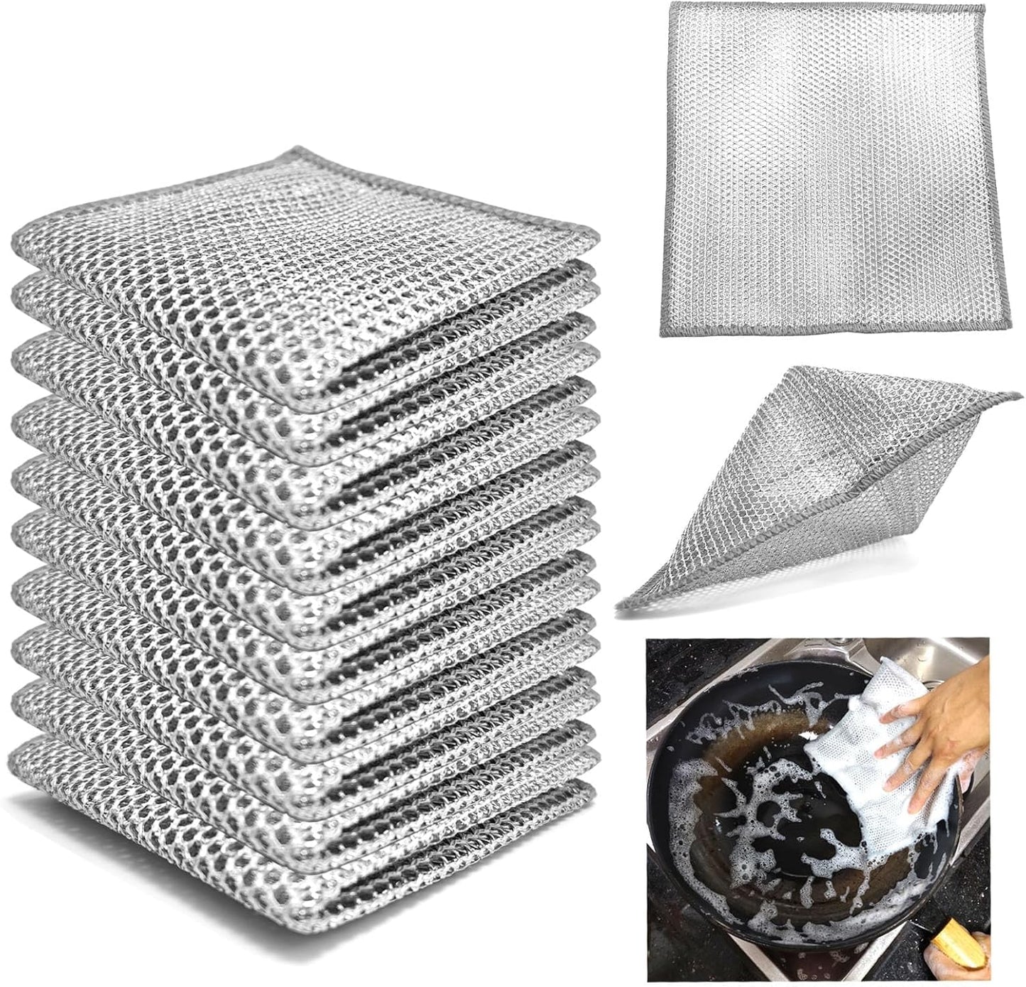 Double layer metal wire scratch free cloth, dry and wet dual-purpose metal wire dishwashing cloth, suitable for kitchen cleaning, cookware, tableware, sink, stove, etc., easy to rinse (10 pieces)