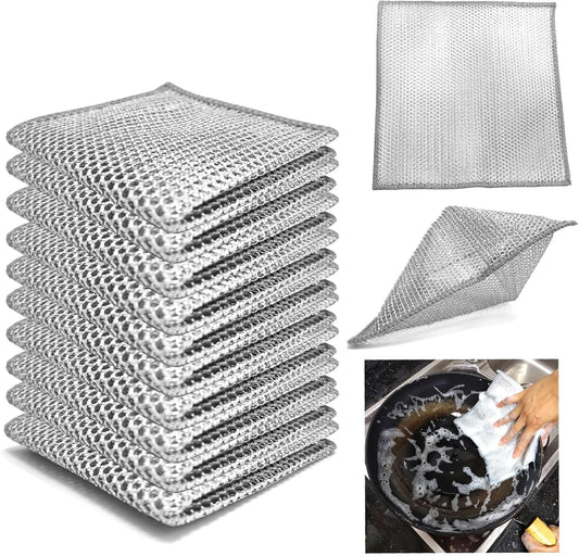 Double layer metal wire scratch free cloth, dry and wet dual-purpose metal wire dishwashing cloth, suitable for kitchen cleaning, cookware, tableware, sink, stove, etc., easy to rinse (10 pieces)