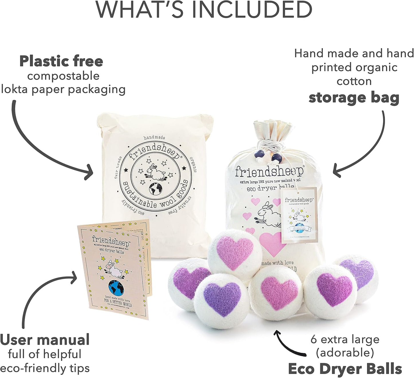 Friendsheep Wool Dryer Balls, Organic Reusable Fabric Softener Alternative for Laundry, Handmade, Fair Trade, Hypoallergenic, Eco-Friendly, Plastic-Free (6 Pack XL – Lovely Day)