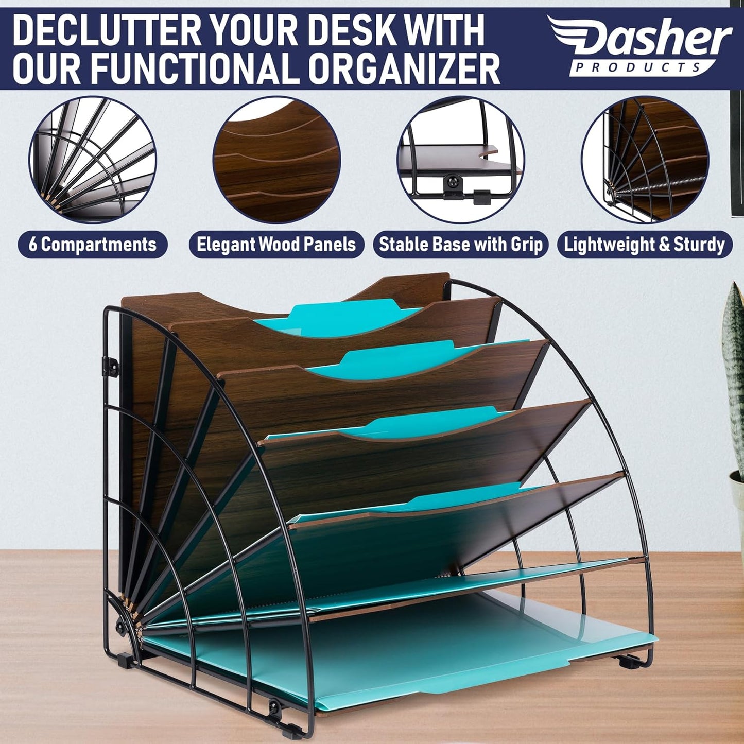 Dasher Products Fan-Shaped Office Desk Organizer, 6 Compartments with Wood-Patterned Shelves for Storing Paper, Bills, Letters, and Office Supplies. Multi-Functional Desk Organizers and Accessories