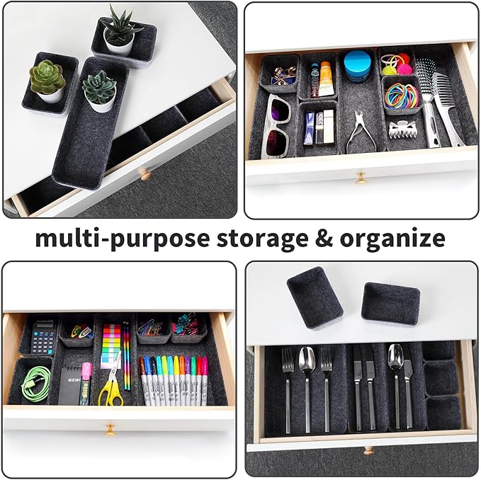 Welaxy desk drawer organizer tray shallow felt storage bin for office suppliers makeup pen keys craft brush decluttering 8-piece sleek minimalist lifestyle gift for men (Charcoal)